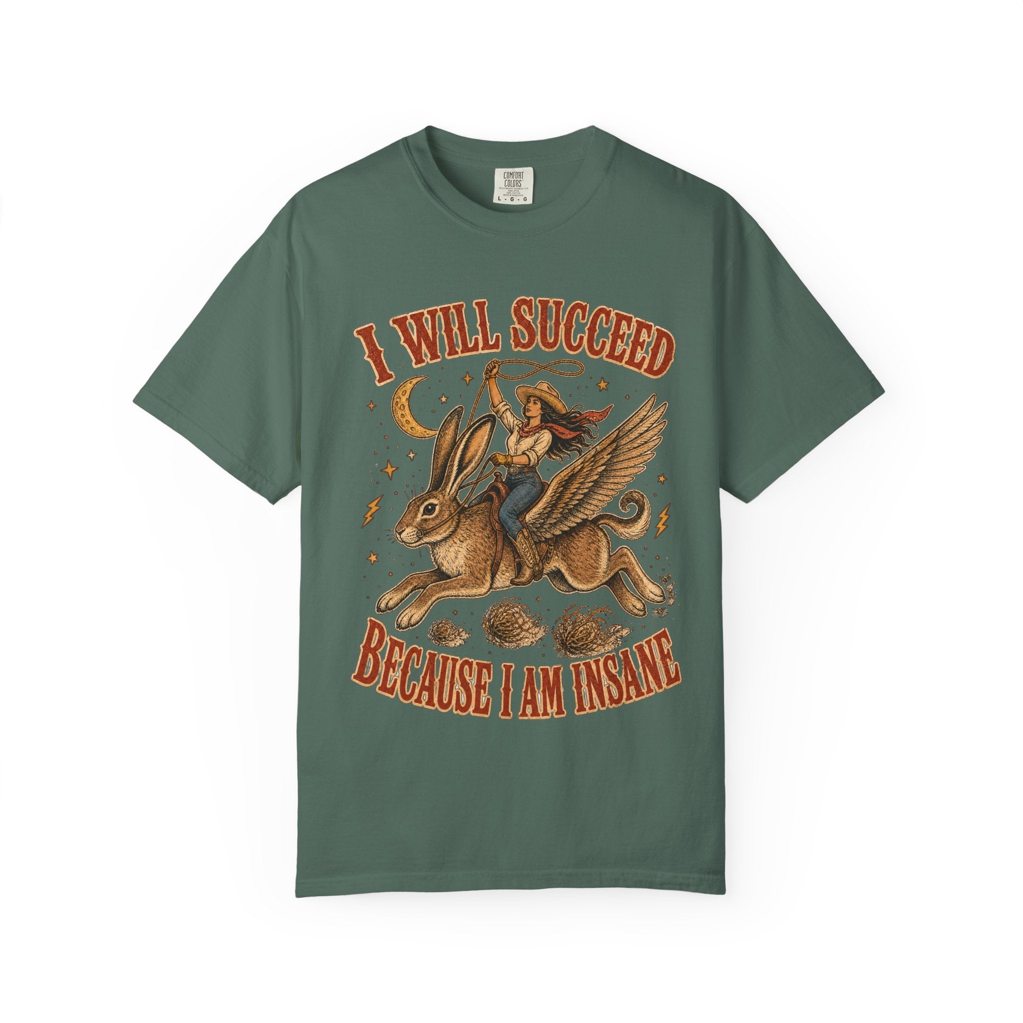 I Will Succeed Because I Am Insane T-Shirt — Vintage Psychedelic Rider on Winged Rabbit Graphic Tee