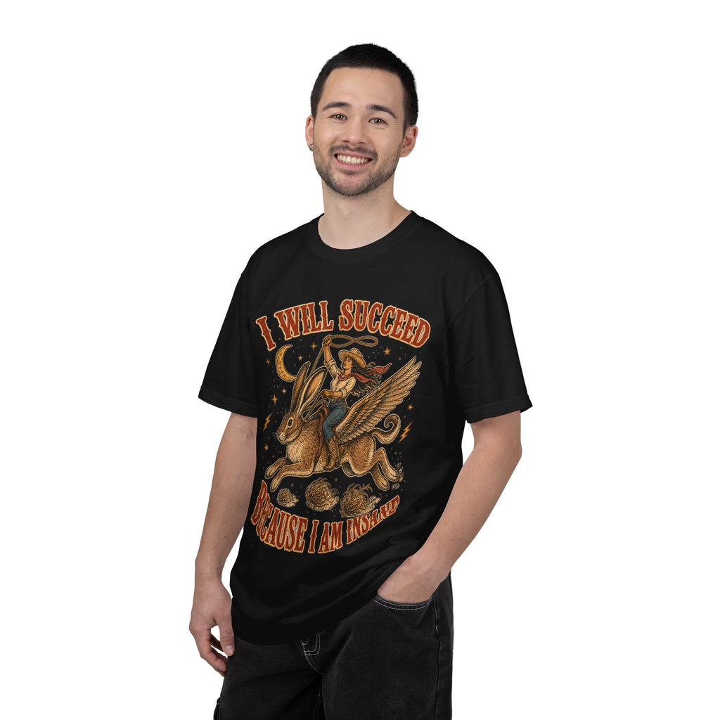 I Will Succeed Because I Am Insane T-Shirt — Vintage Psychedelic Rider on Winged Rabbit Graphic Tee
