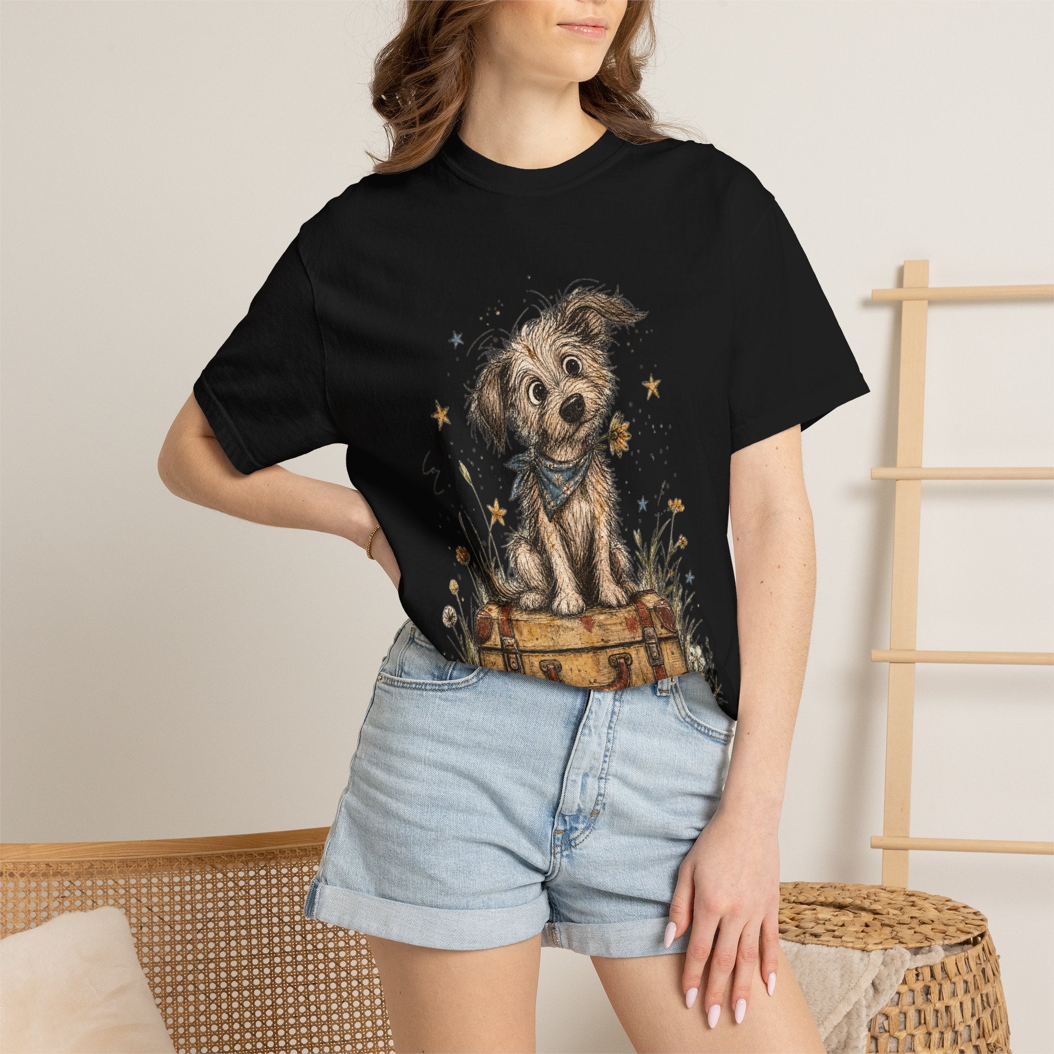 Cute Puppy on Suitcase T-Shirt — Vintage Traveler Dog Graphic Tee