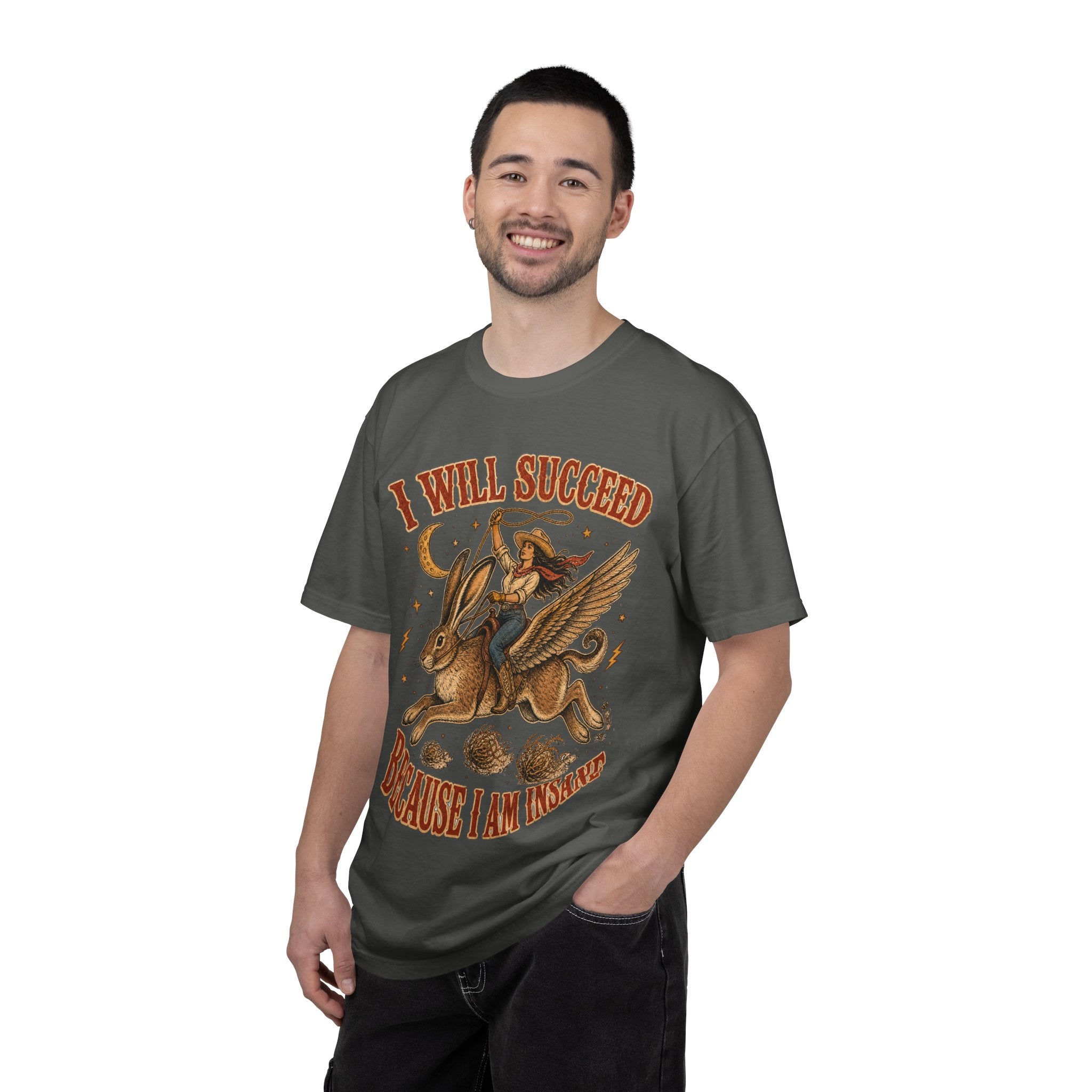 I Will Succeed Because I Am Insane T-Shirt — Vintage Psychedelic Rider on Winged Rabbit Graphic Tee