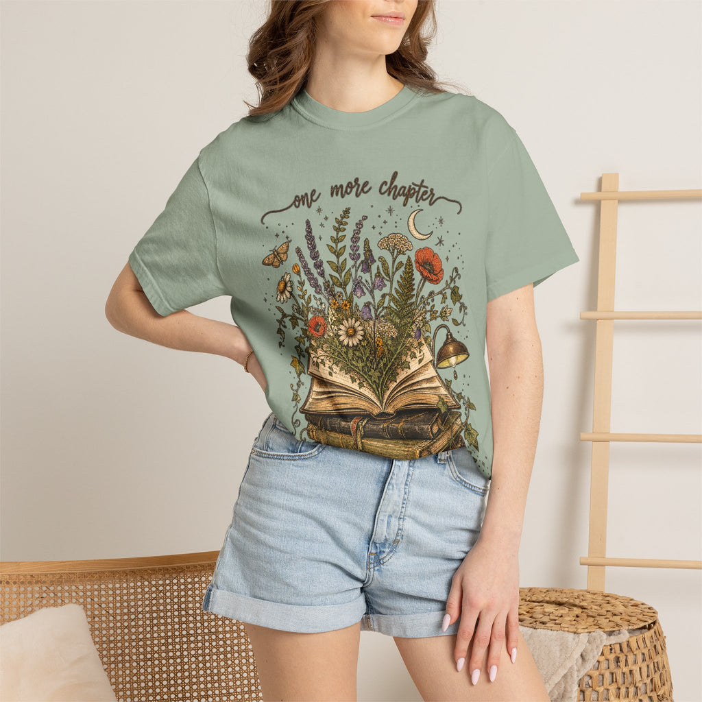 Book Lover T-Shirt — "One More Chapter" Floral Open Book Design