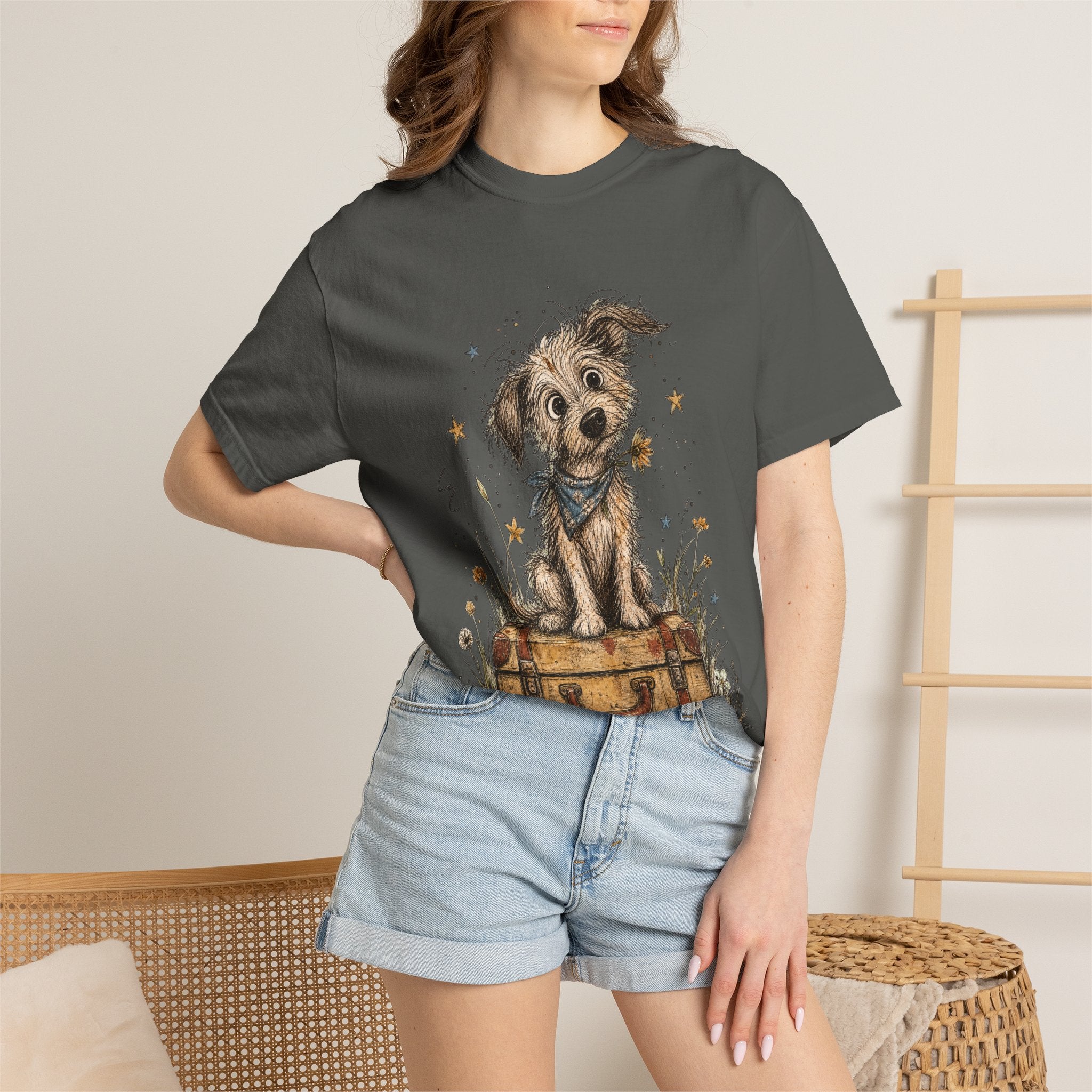 Cute Puppy on Suitcase T-Shirt — Vintage Traveler Dog Graphic Tee
