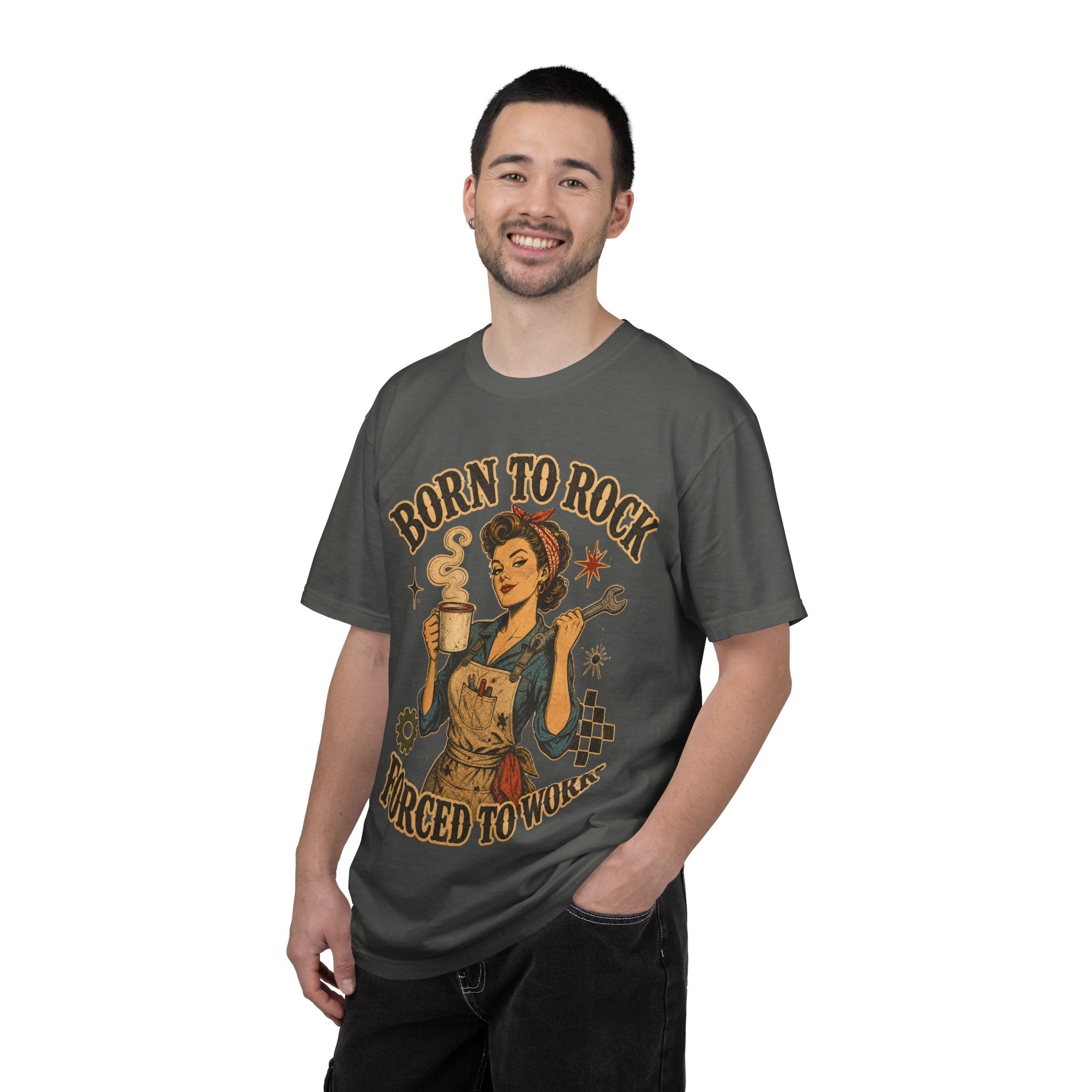 Born to Rock Retro Rosie T-Shirt — "Born to Rock, Forced to Work" Vintage Coffee Tee