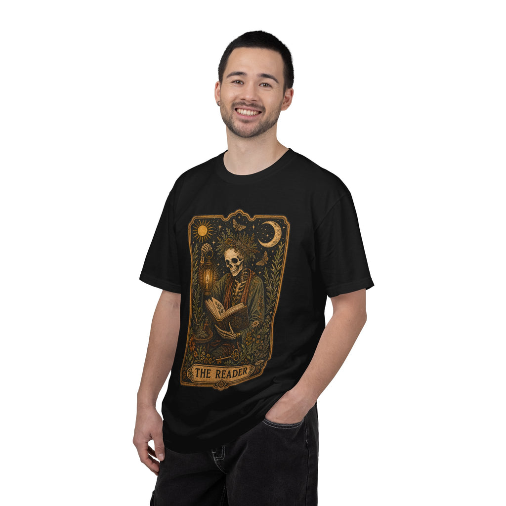 Reader Tarot T-Shirt — Gothic Skeleton Booklover Tee