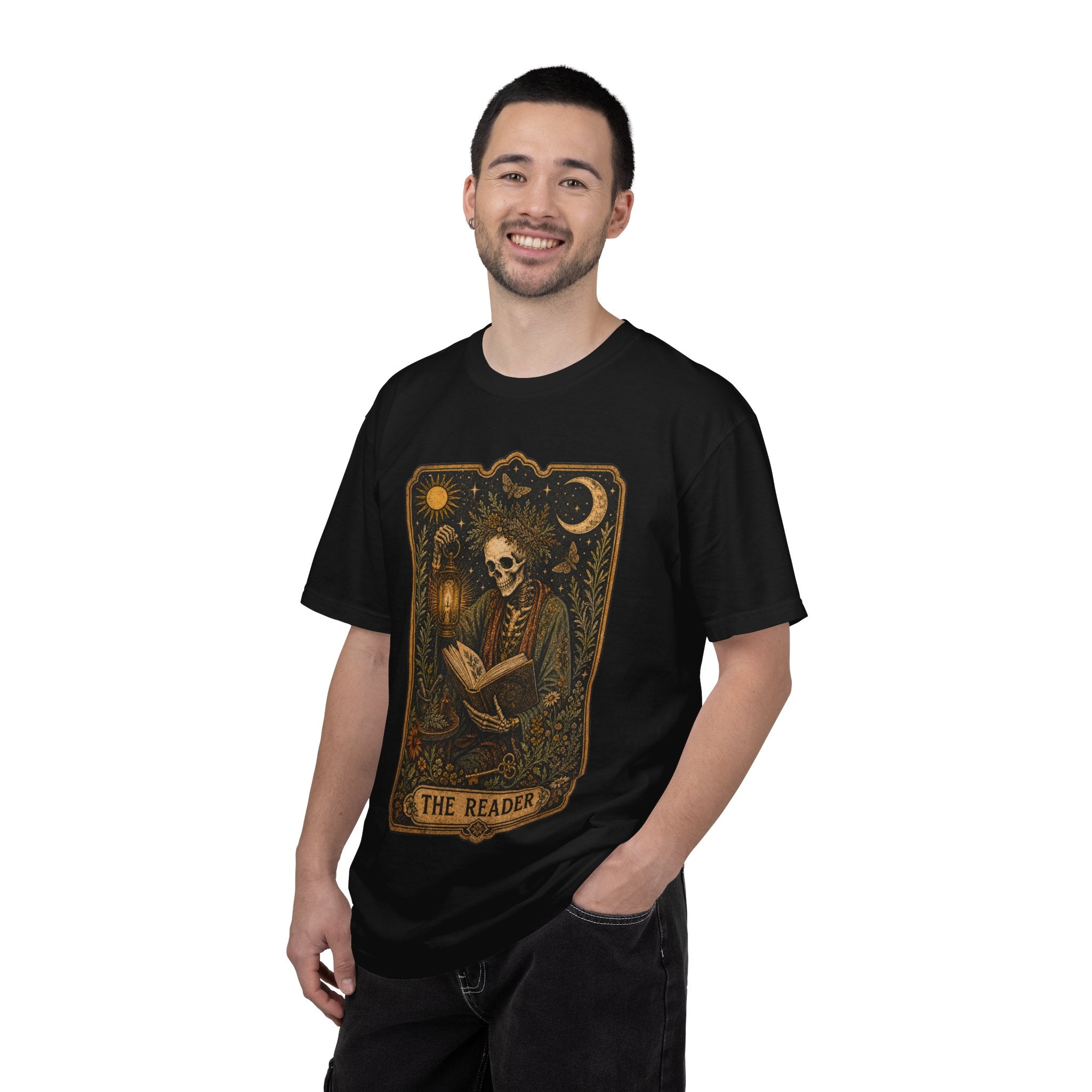 Reader Tarot T-Shirt — Gothic Skeleton Booklover Tee