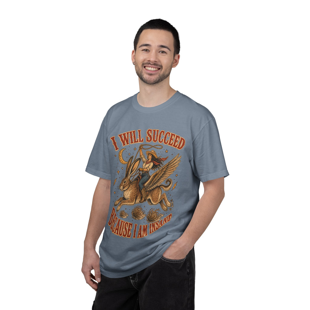 I Will Succeed Because I Am Insane T-Shirt — Vintage Psychedelic Rider on Winged Rabbit Graphic Tee