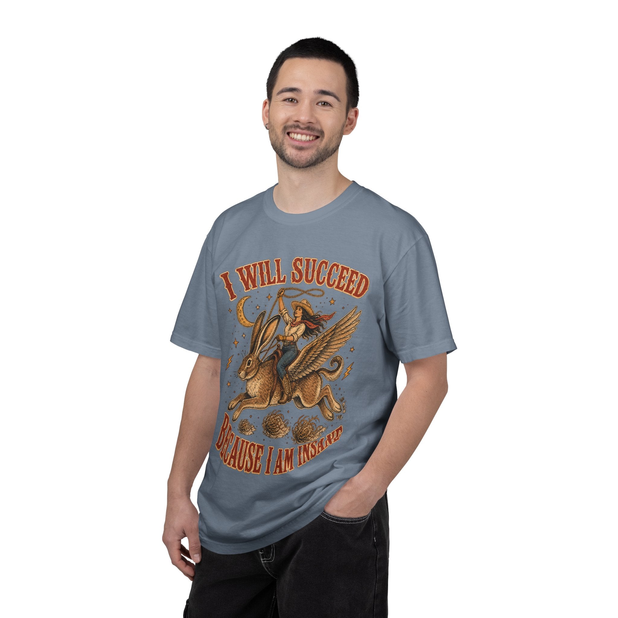 I Will Succeed Because I Am Insane T-Shirt — Vintage Psychedelic Rider on Winged Rabbit Graphic Tee