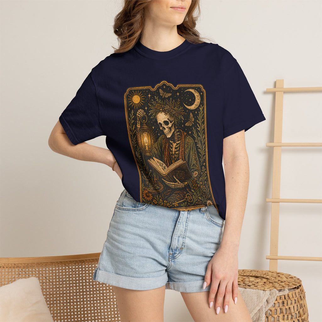 Reader Tarot T-Shirt — Gothic Skeleton Booklover Tee