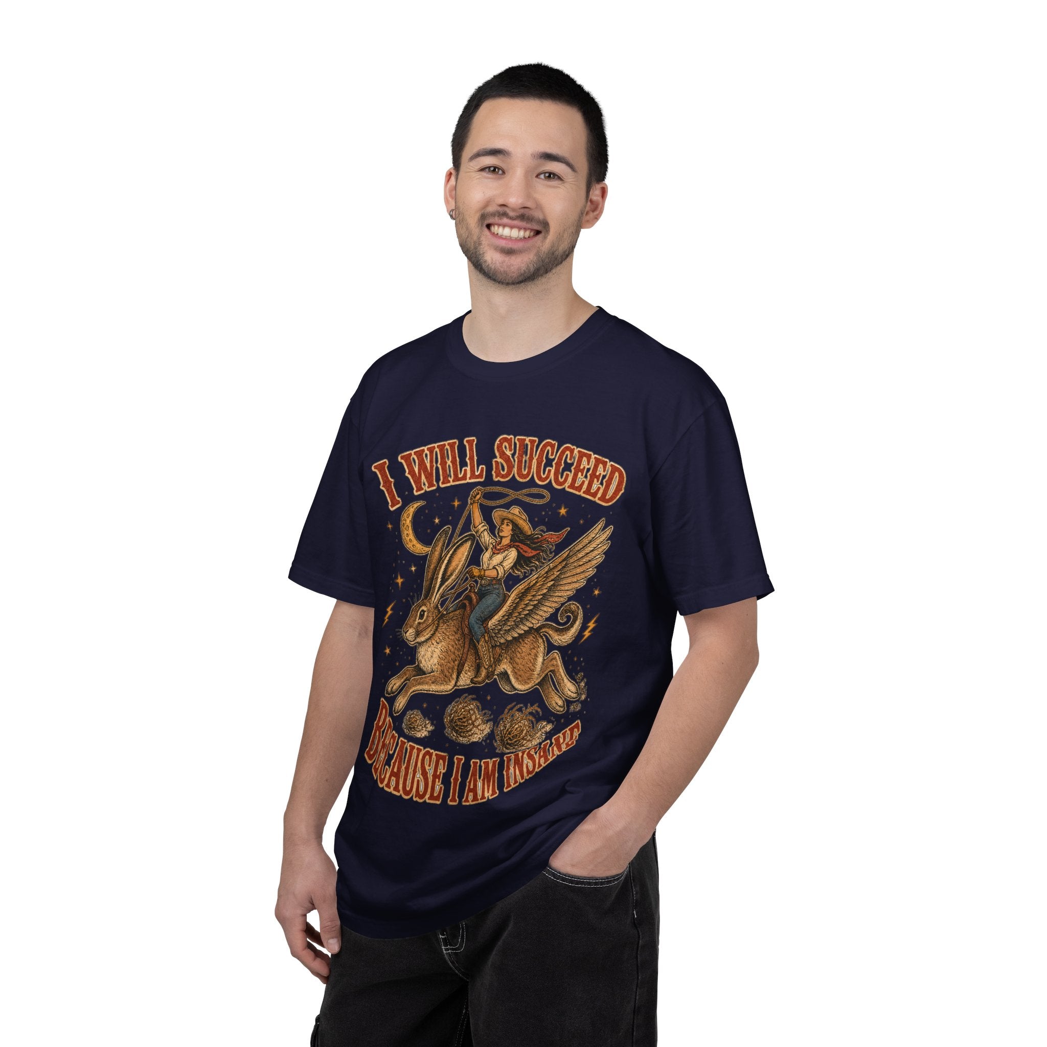 I Will Succeed Because I Am Insane T-Shirt — Vintage Psychedelic Rider on Winged Rabbit Graphic Tee