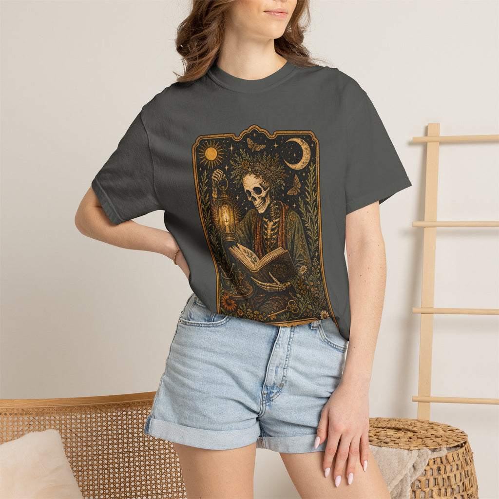 Reader Tarot T-Shirt — Gothic Skeleton Booklover Tee