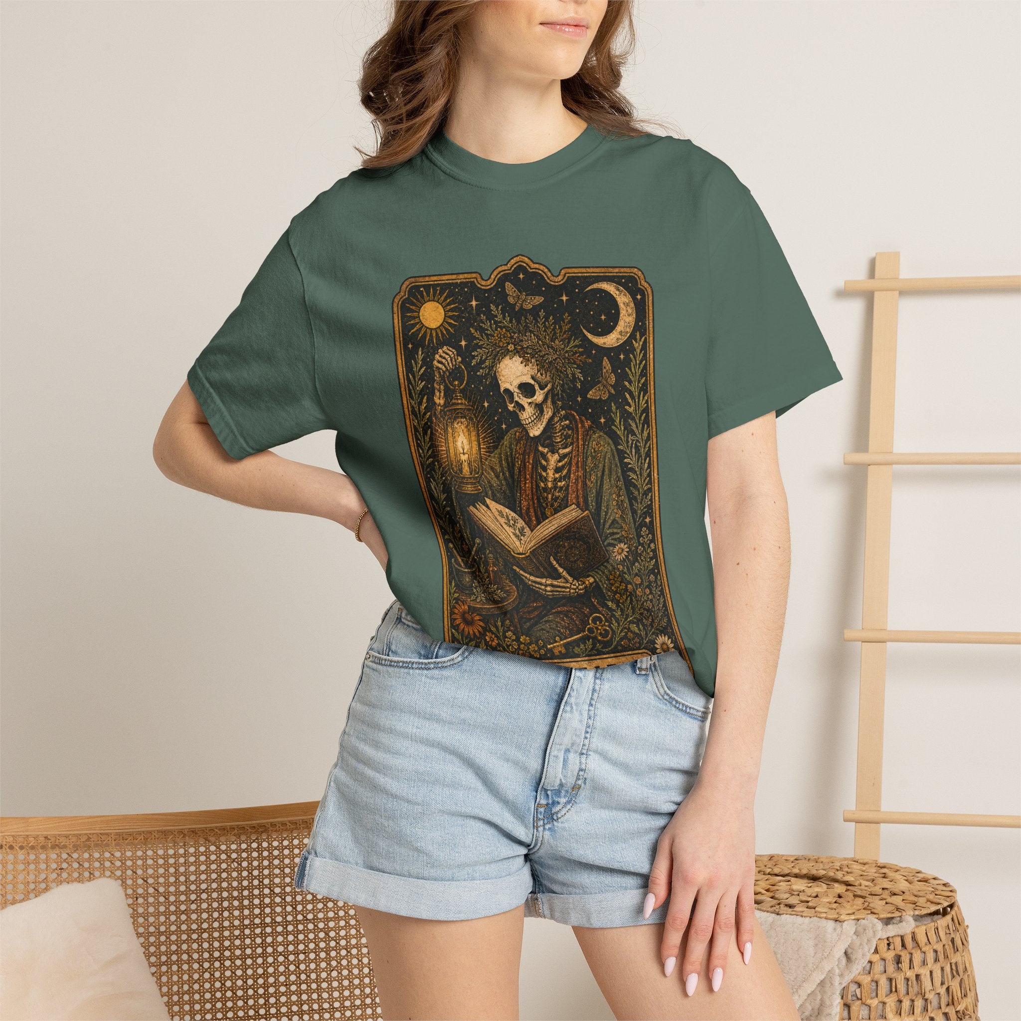 Reader Tarot T-Shirt — Gothic Skeleton Booklover Tee