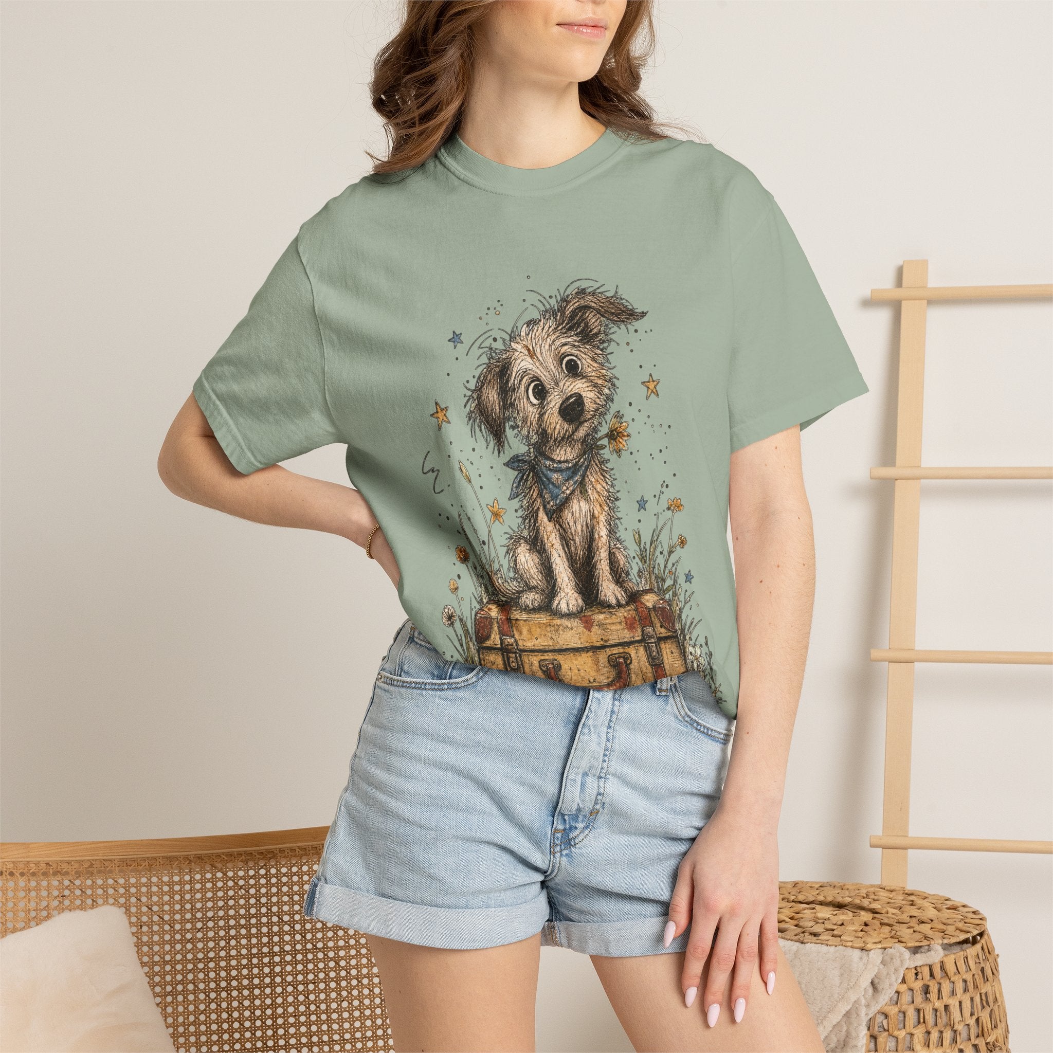 Cute Puppy on Suitcase T-Shirt — Vintage Traveler Dog Graphic Tee