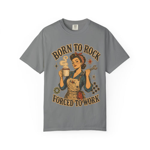 Born to Rock Retro Rosie T-Shirt — "Born to Rock, Forced to Work" Vintage Coffee Tee