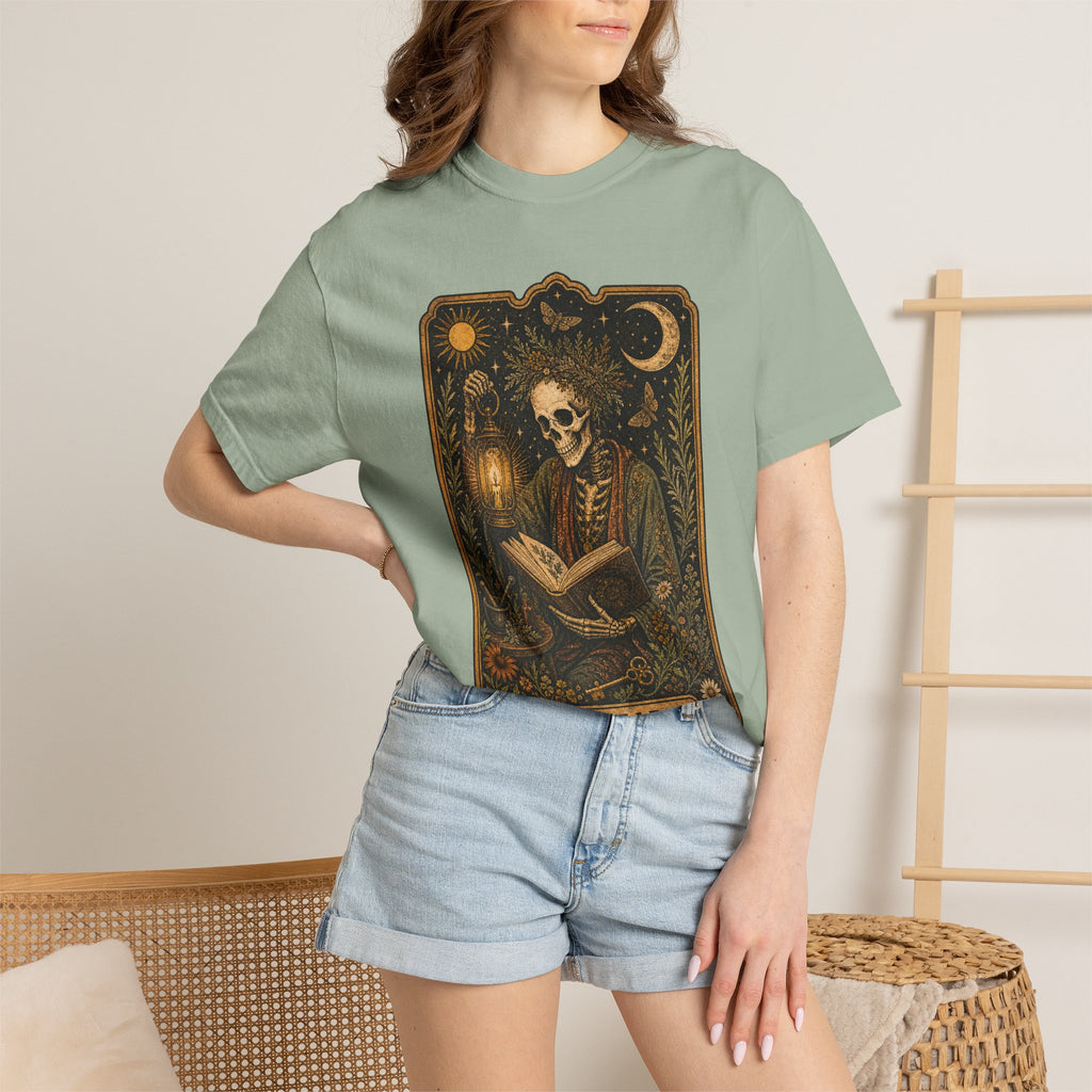 Reader Tarot T-Shirt — Gothic Skeleton Booklover Tee