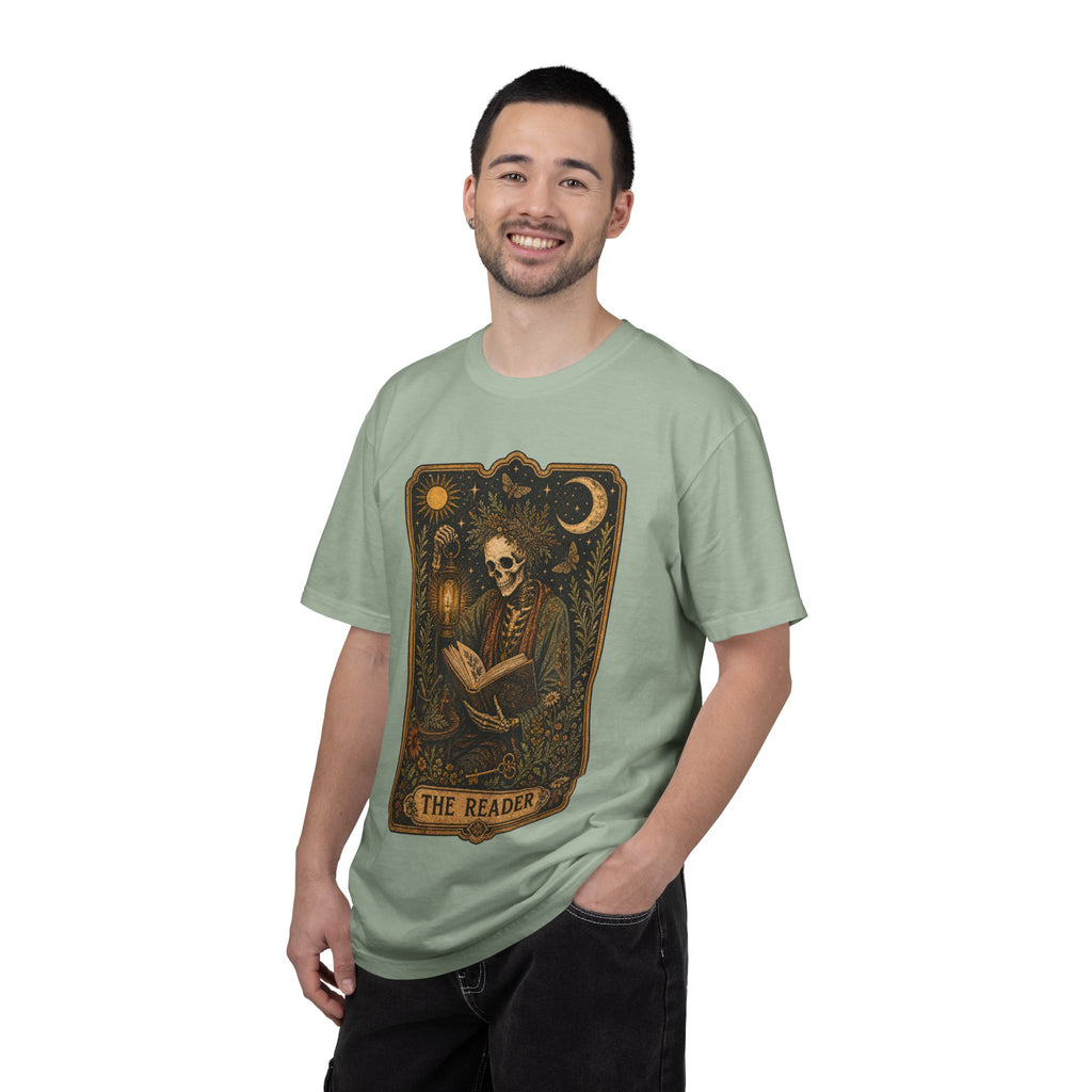 Reader Tarot T-Shirt — Gothic Skeleton Booklover Tee