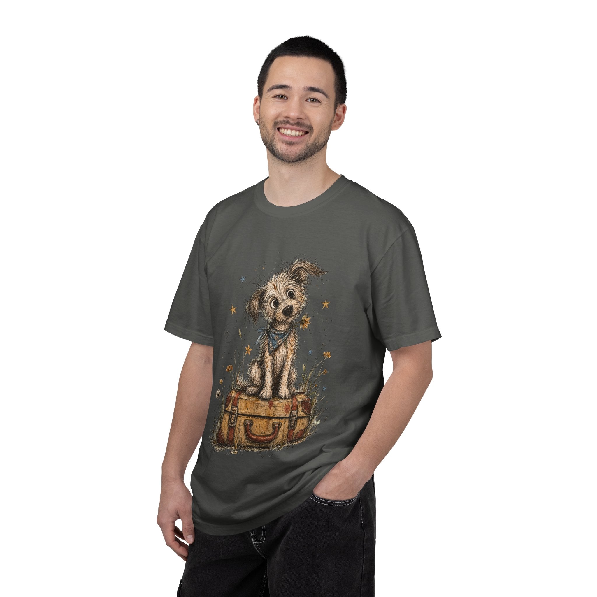 Cute Puppy on Suitcase T-Shirt — Vintage Traveler Dog Graphic Tee