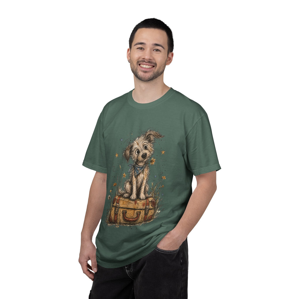 Cute Puppy on Suitcase T-Shirt — Vintage Traveler Dog Graphic Tee
