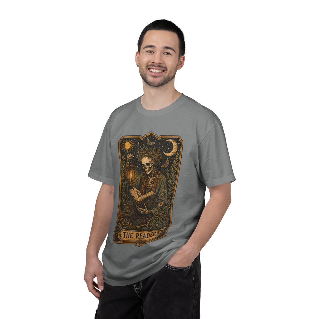 Reader Tarot T-Shirt — Gothic Skeleton Booklover Tee