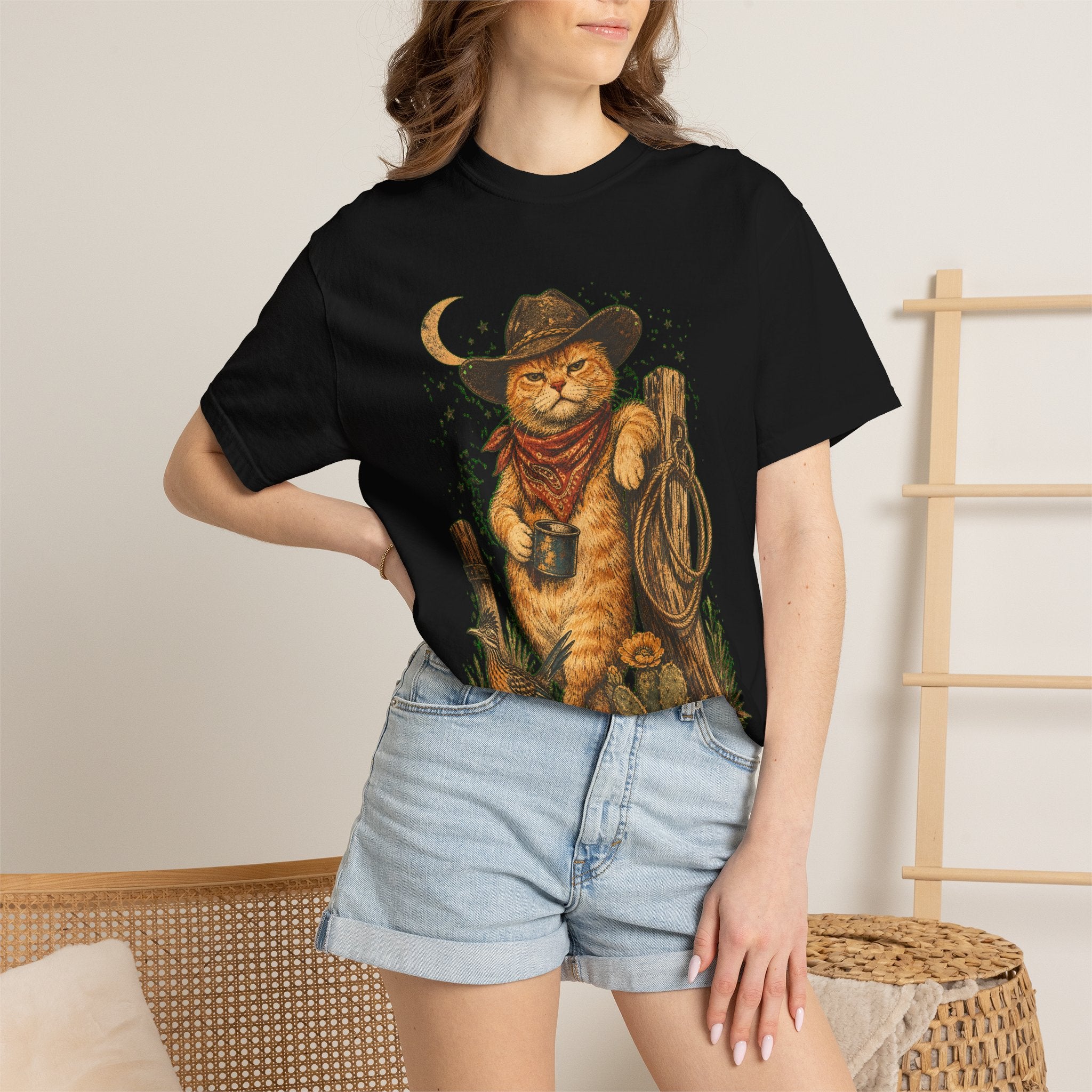 Cowboy Cat T-Shirt — Western Cat Graphic Tee with Lasso & Bandana