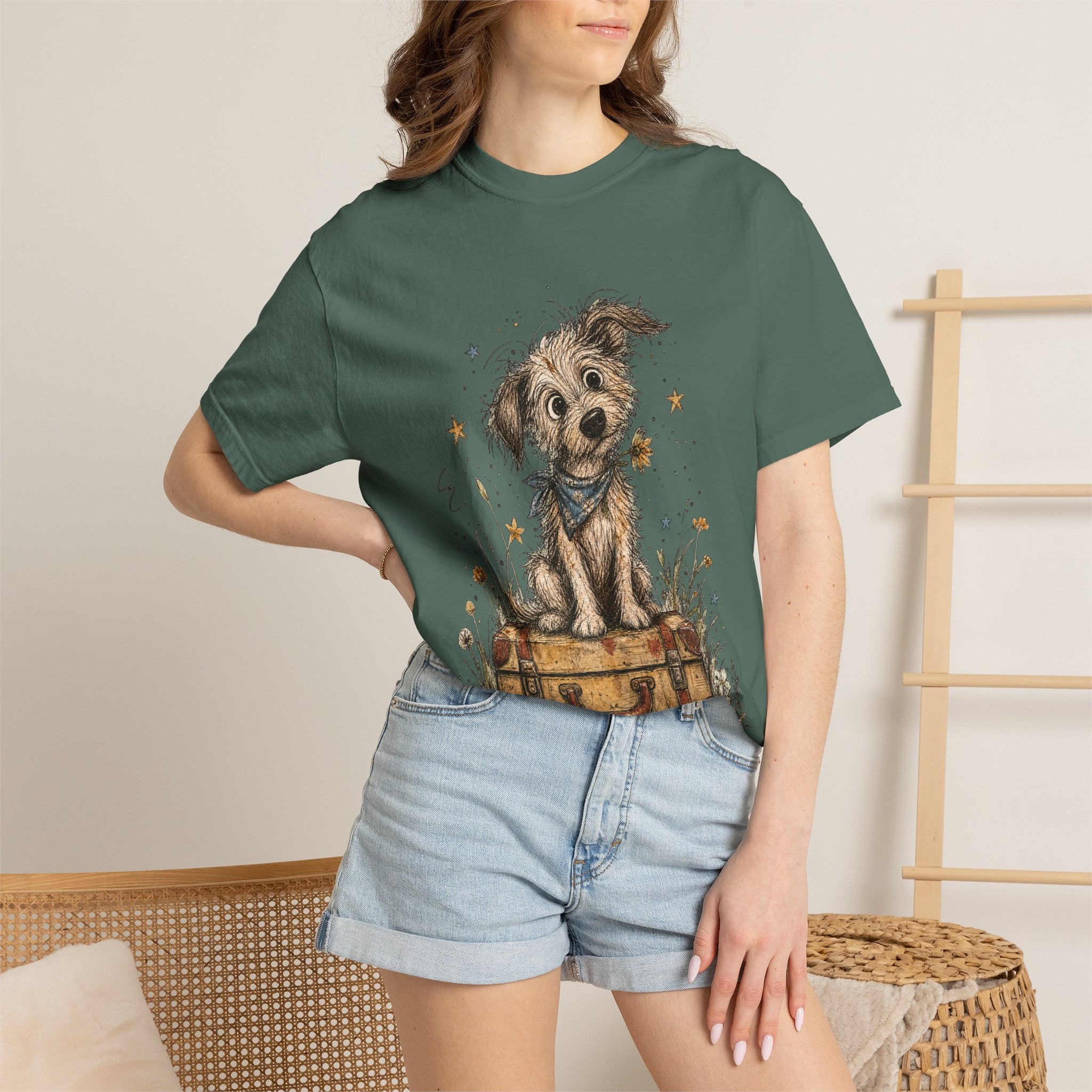 Cute Puppy on Suitcase T-Shirt — Vintage Traveler Dog Graphic Tee