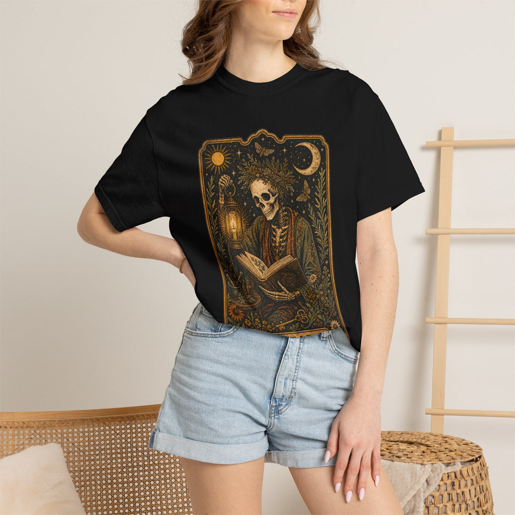 Reader Tarot T-Shirt — Gothic Skeleton Booklover Tee