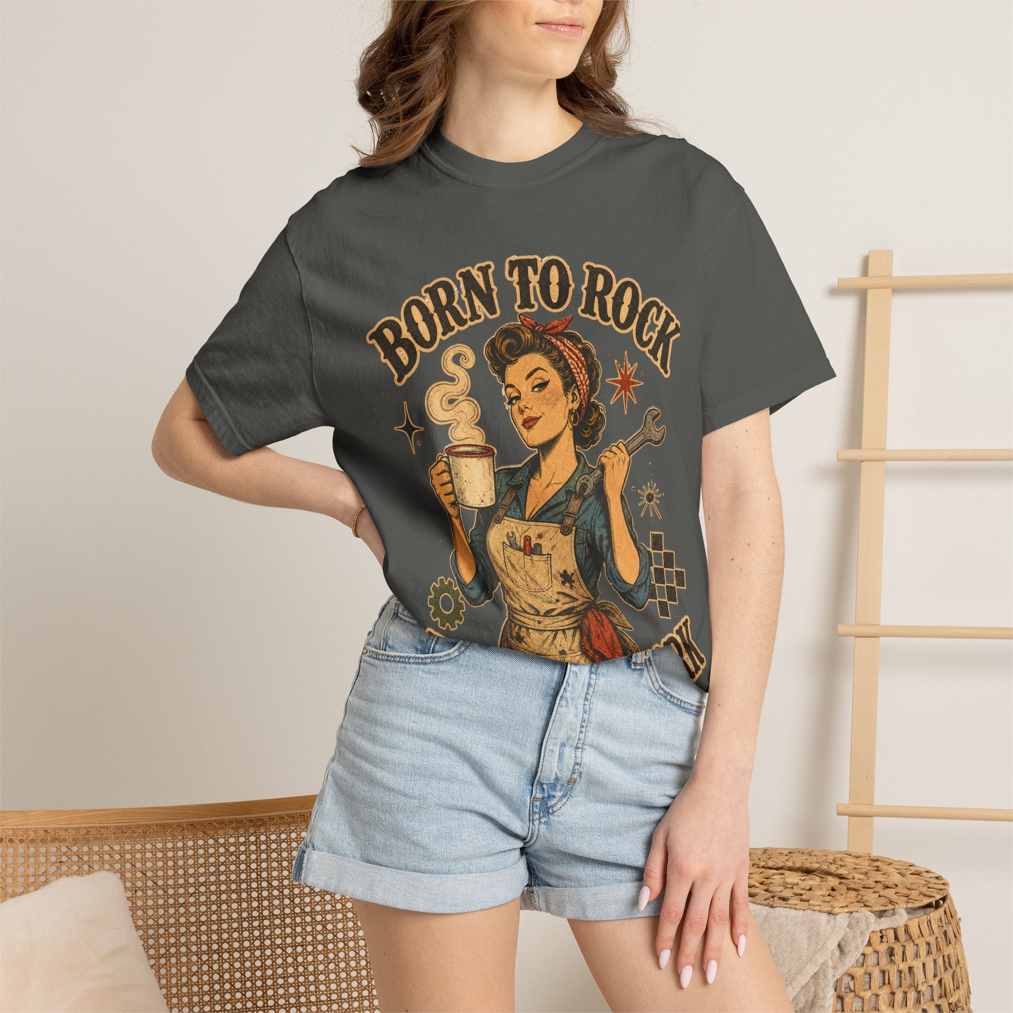 Born to Rock Retro Rosie T-Shirt — "Born to Rock, Forced to Work" Vintage Coffee Tee