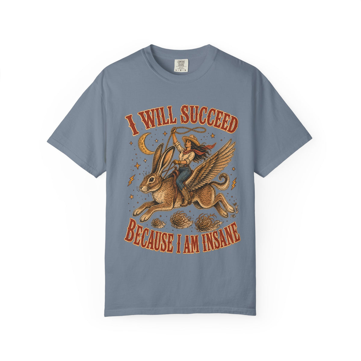 I Will Succeed Because I Am Insane T-Shirt — Vintage Psychedelic Rider on Winged Rabbit Graphic Tee