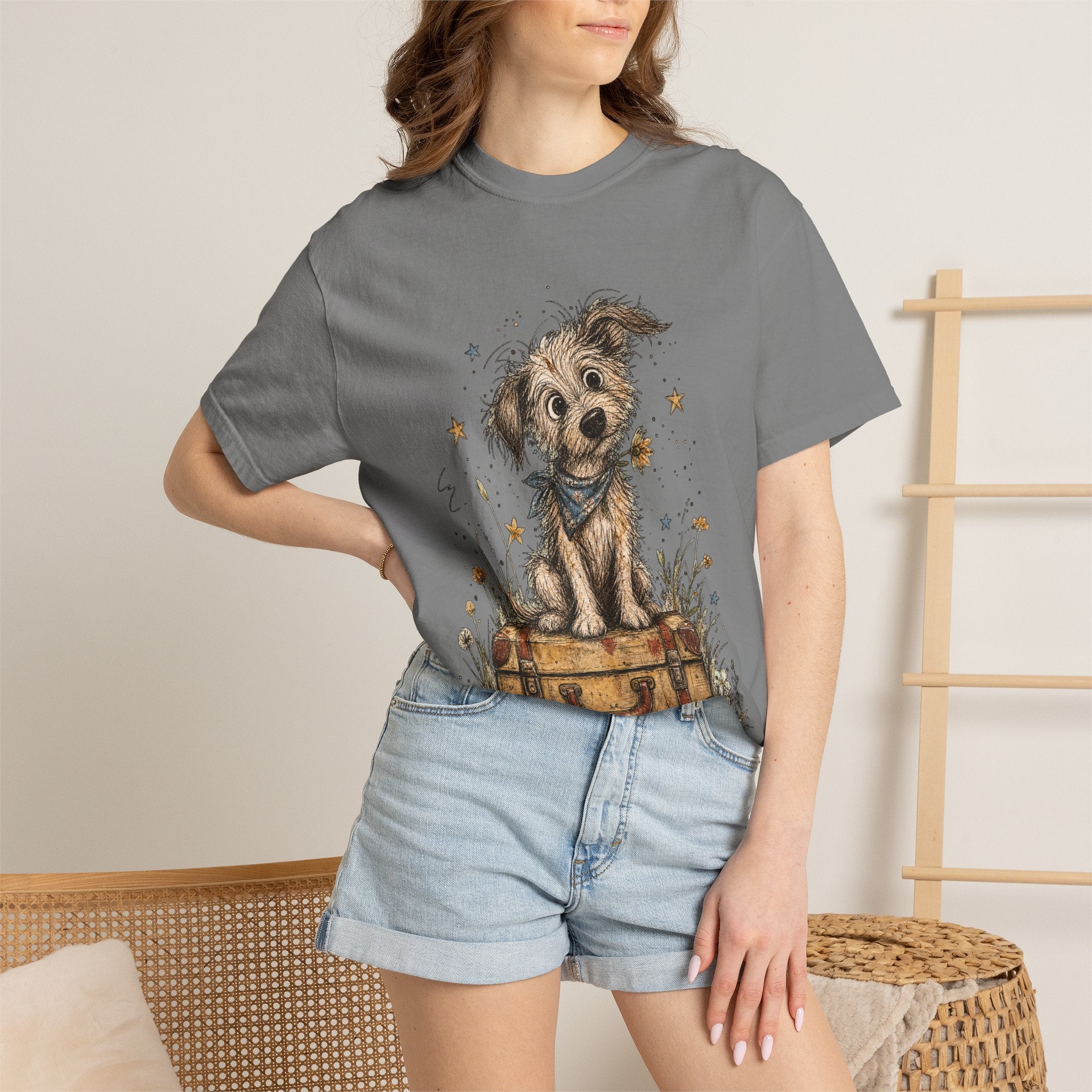 Cute Puppy on Suitcase T-Shirt — Vintage Traveler Dog Graphic Tee
