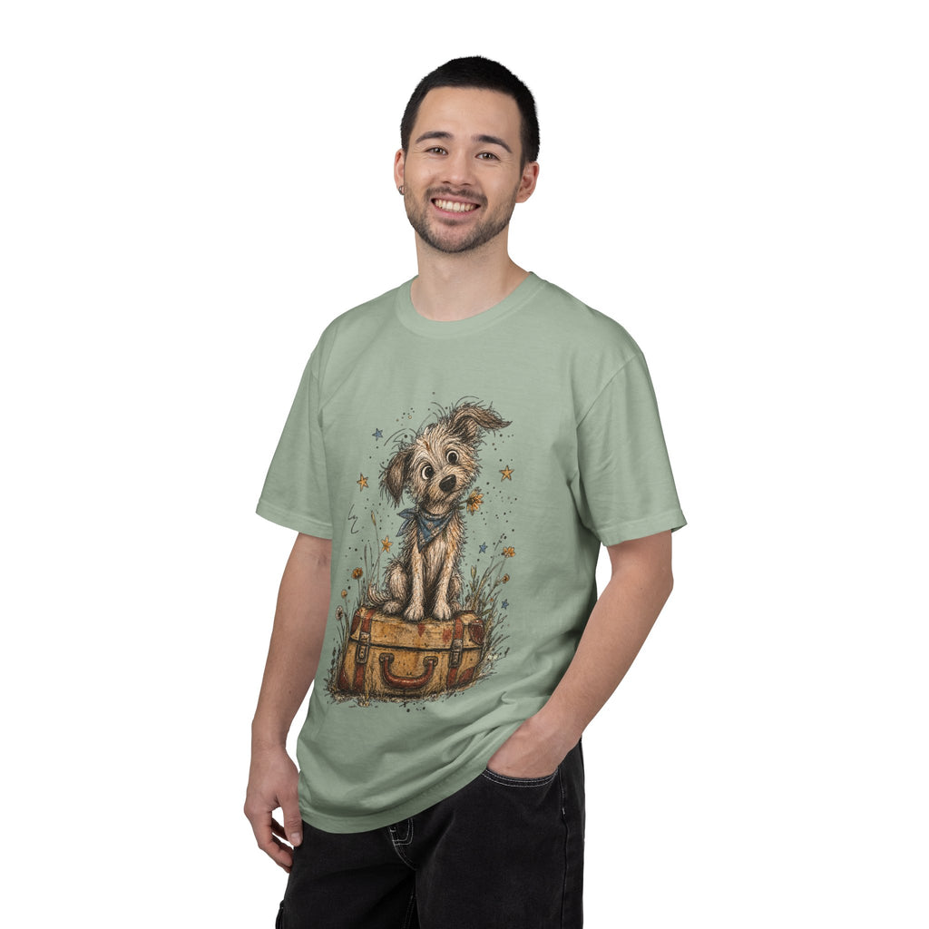 Cute Puppy on Suitcase T-Shirt — Vintage Traveler Dog Graphic Tee