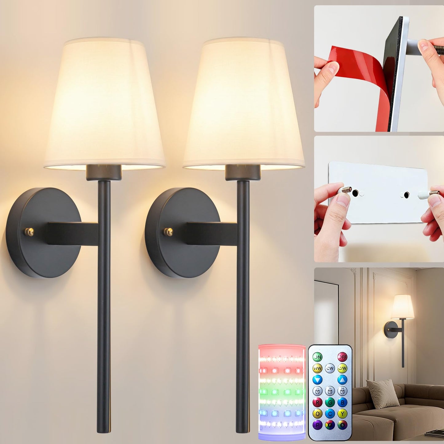 Nekhung Battery Operated Wall Sconces Set of Two, Wireless Battery Wall Light with 10000mAh RGB Dimmable Magnetic Bulb and Remote, Rechargeable Sconce Wall Decor for Bedroom Living Room Hallway