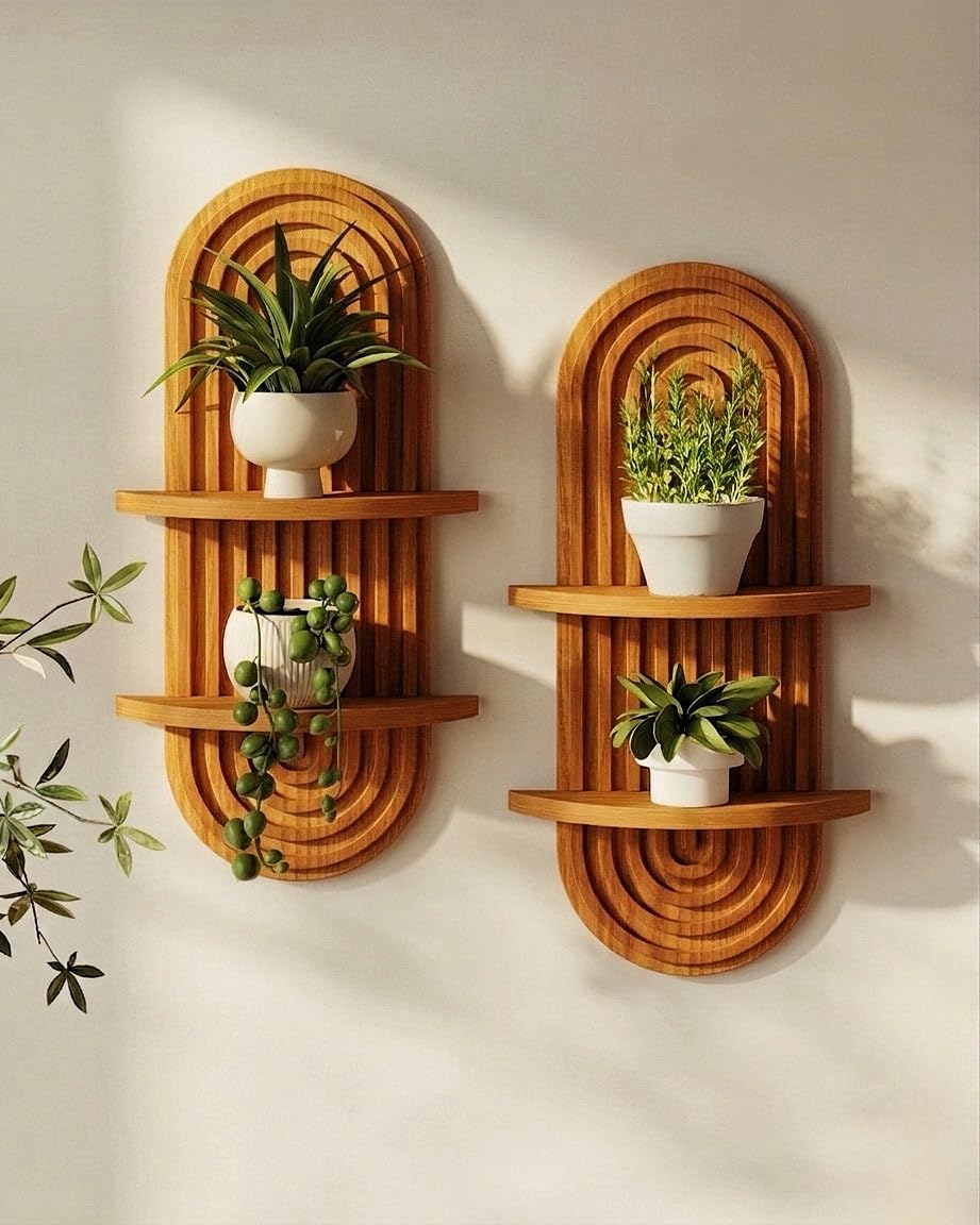Bamworld Boho Wall Decor Brown Plant Wall Shelf, Mid Century Modern Decor Hanging Plant Shelf, 2-Tier Wooden Floating Shelves for Home, Bathroom Bedroom Living Room, Office Holding Planter Decoration