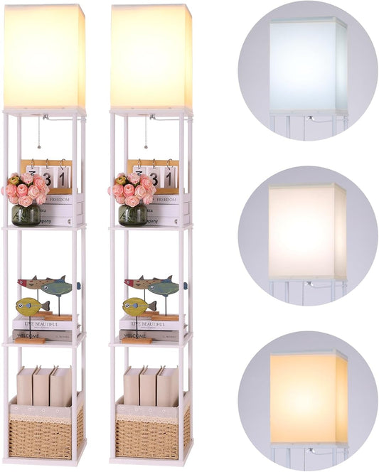 Gupuzm Floor Lamp with Shelves, 4 Layer Square Standing Lamp with 3 Color Temperature Bulb, Corner Display Bookshelf Lamp for Living Room, Bedroom and Office（White-2 Packs）