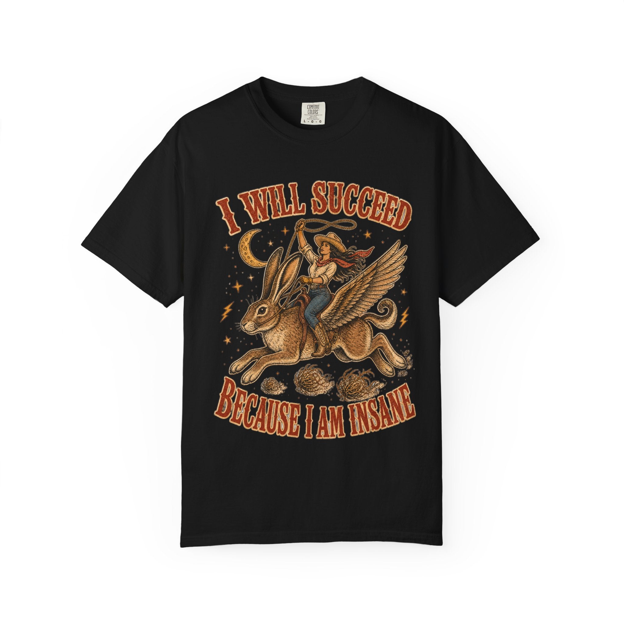 I Will Succeed Because I Am Insane T-Shirt — Vintage Psychedelic Rider on Winged Rabbit Graphic Tee