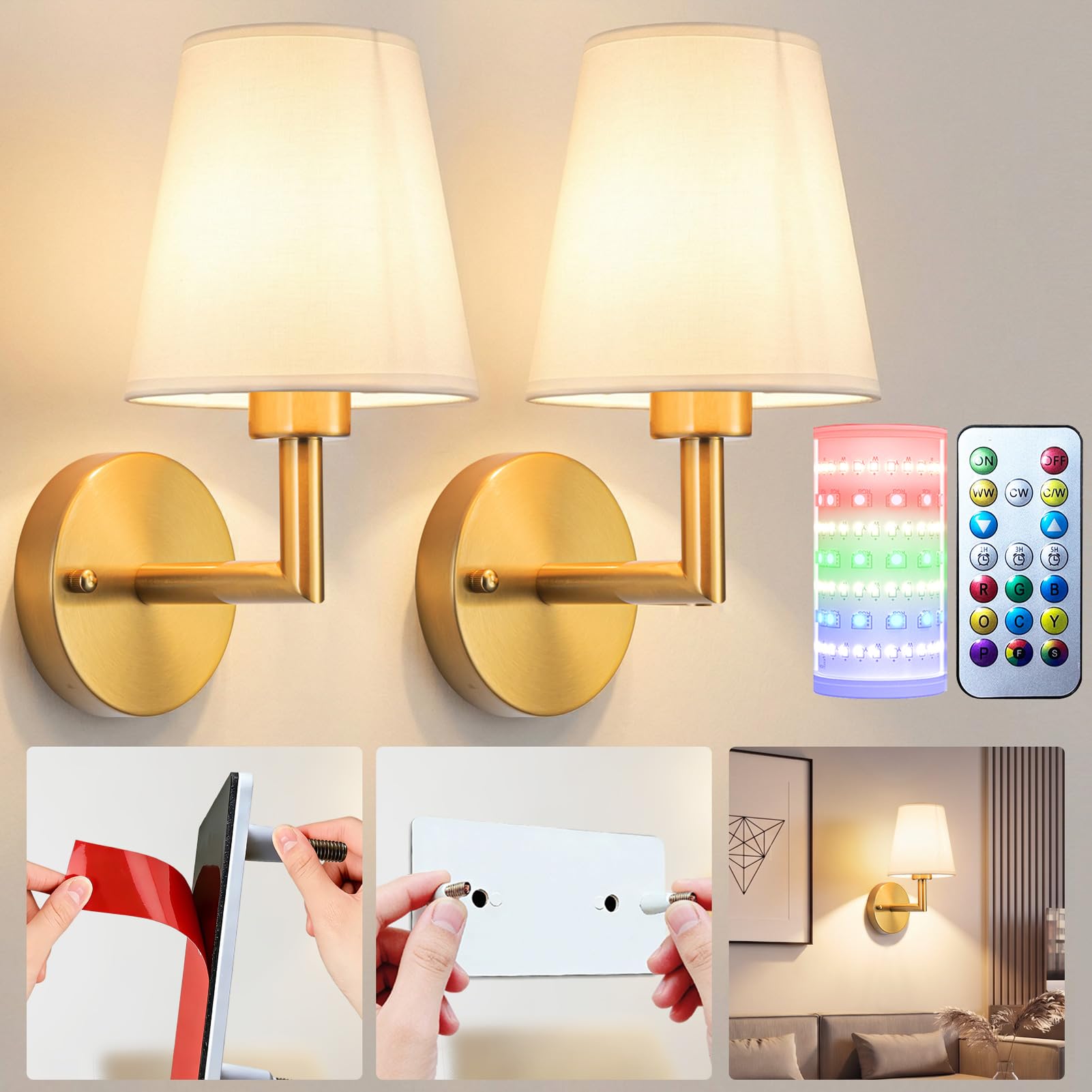 Nekhung Battery Operated Wall Sconces Set of Two, Wireless Battery Wall Light with 10000mAh RGB Dimmable Magnetic Bulb and Remote, Rechargeable Sconce Wall Decor for Bedroom Living Room Hallway