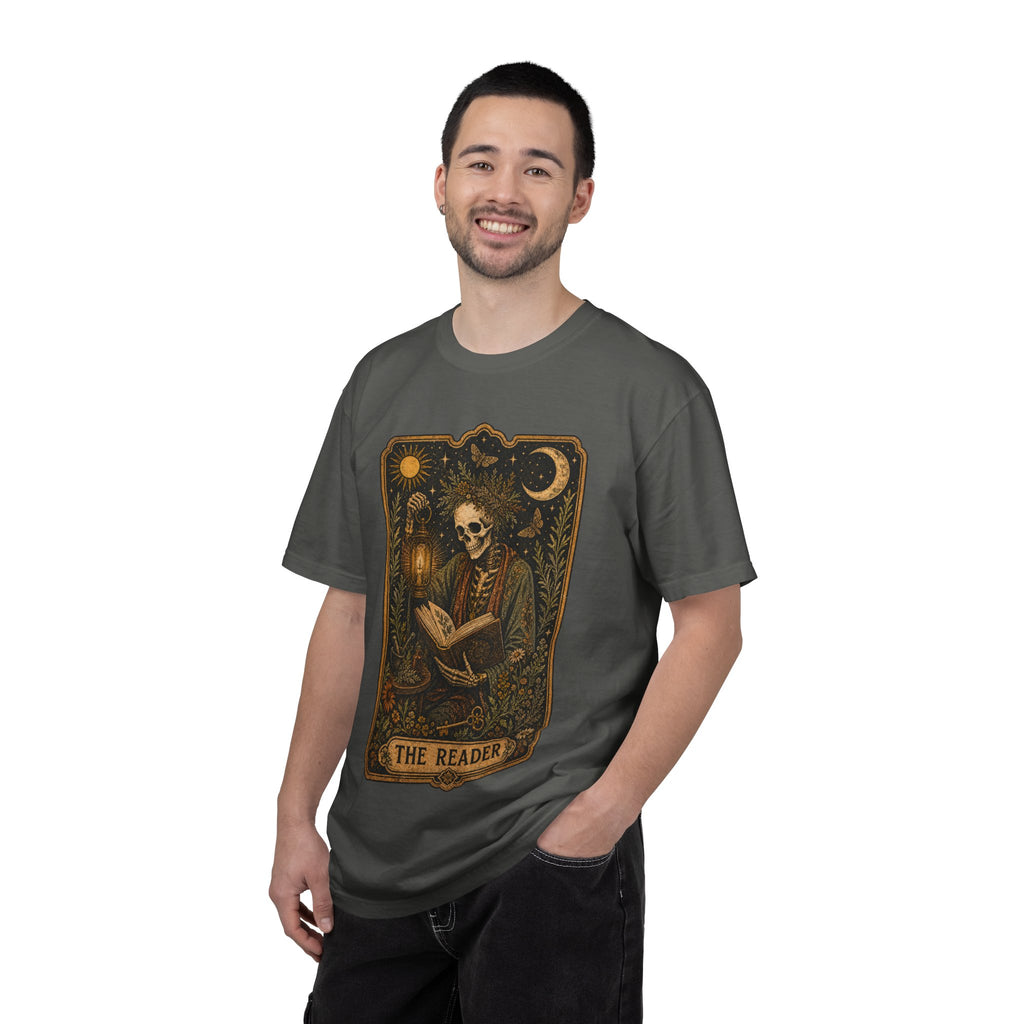 Reader Tarot T-Shirt — Gothic Skeleton Booklover Tee