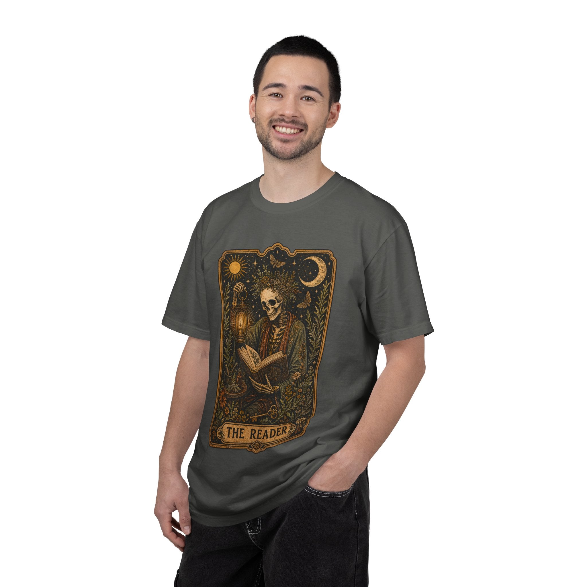 Reader Tarot T-Shirt — Gothic Skeleton Booklover Tee