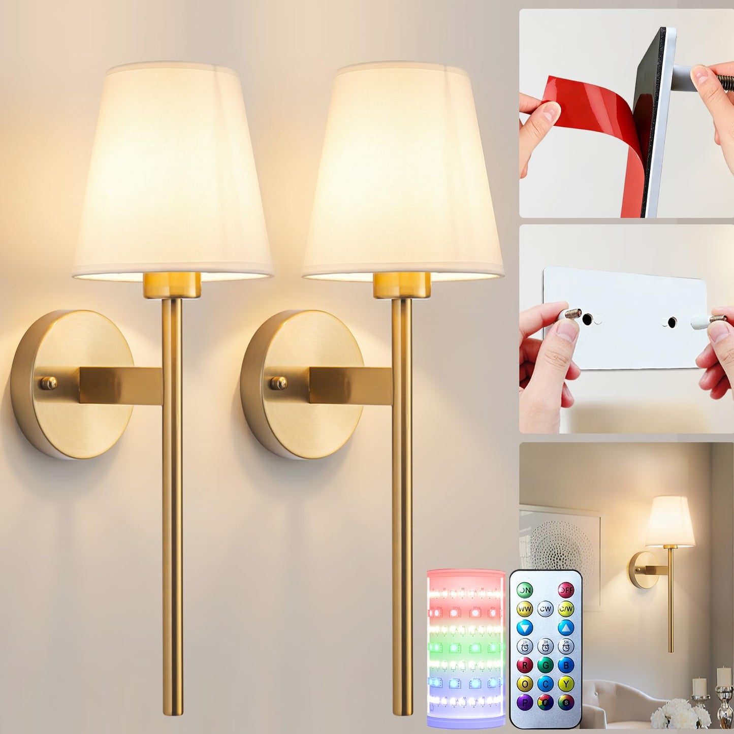 Nekhung Battery Operated Wall Sconces Set of Two, Wireless Battery Wall Light with 10000mAh RGB Dimmable Magnetic Bulb and Remote, Rechargeable Sconce Wall Decor for Bedroom Living Room Hallway