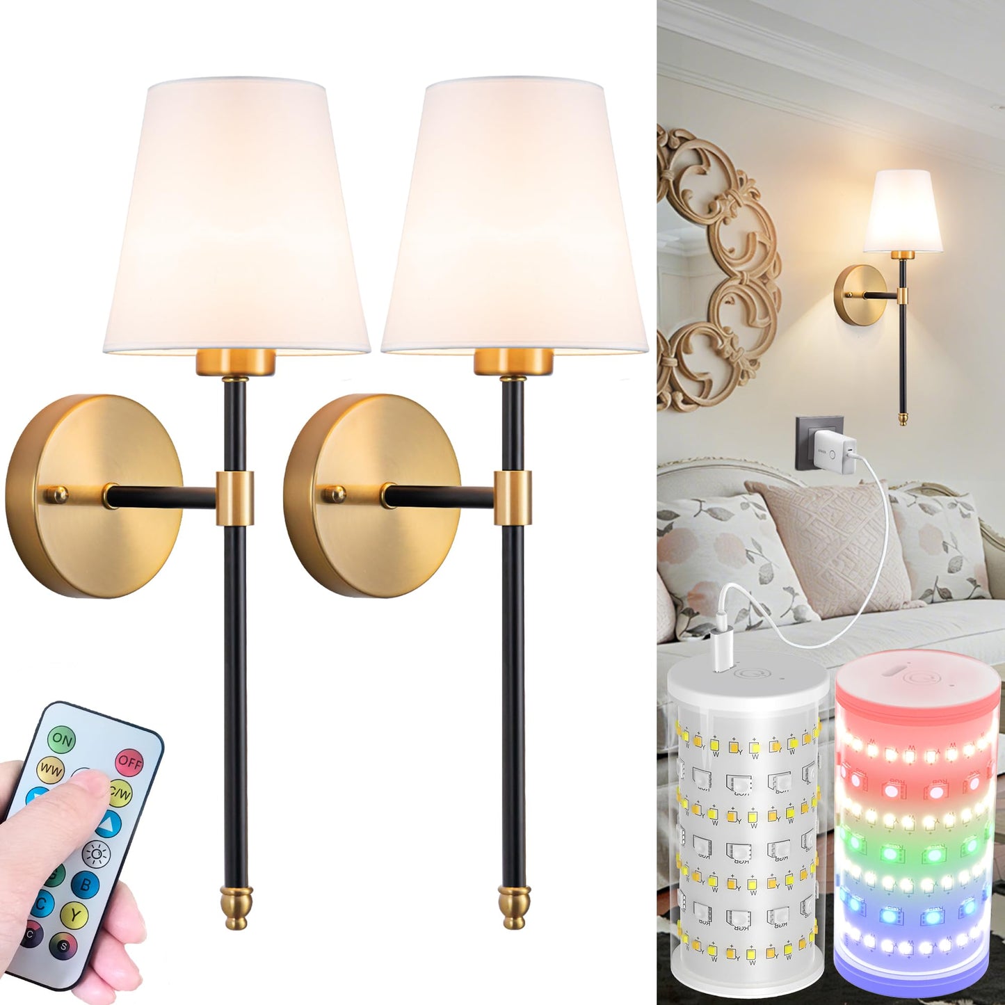 Nekhung Battery Operated Wall Sconces Set of Two, Wireless Battery Wall Light with 10000mAh RGB Dimmable Magnetic Bulb and Remote, Rechargeable Sconce Wall Decor for Bedroom Living Room Hallway