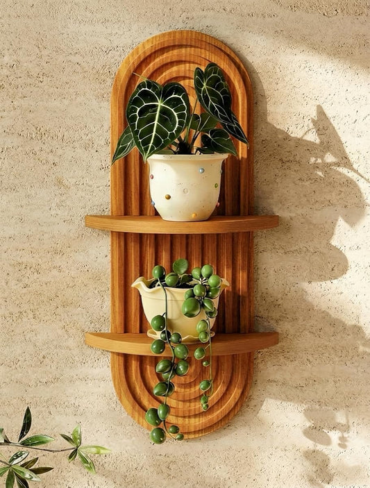 Bamworld Boho Wall Decor Brown Plant Wall Shelf, Mid Century Modern Decor Hanging Plant Shelf, 2-Tier Wooden Floating Shelves for Home, Bathroom Bedroom Living Room, Office Holding Planter Decoration