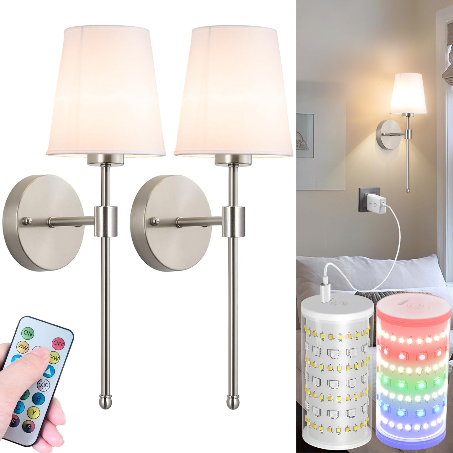 Nekhung Battery Operated Wall Sconces Set of Two, Wireless Battery Wall Light with 10000mAh RGB Dimmable Magnetic Bulb and Remote, Rechargeable Sconce Wall Decor for Bedroom Living Room Hallway