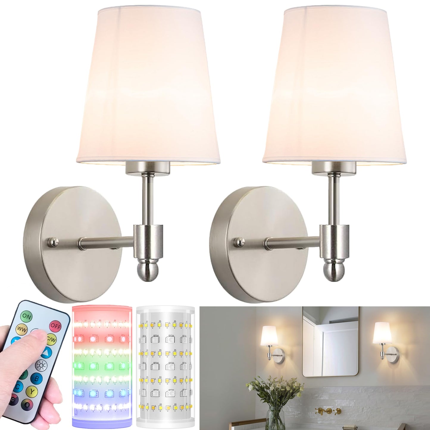 Nekhung Battery Operated Wall Sconces Set of Two, Wireless Battery Wall Light with 10000mAh RGB Dimmable Magnetic Bulb and Remote, Rechargeable Sconce Wall Decor for Bedroom Living Room Hallway