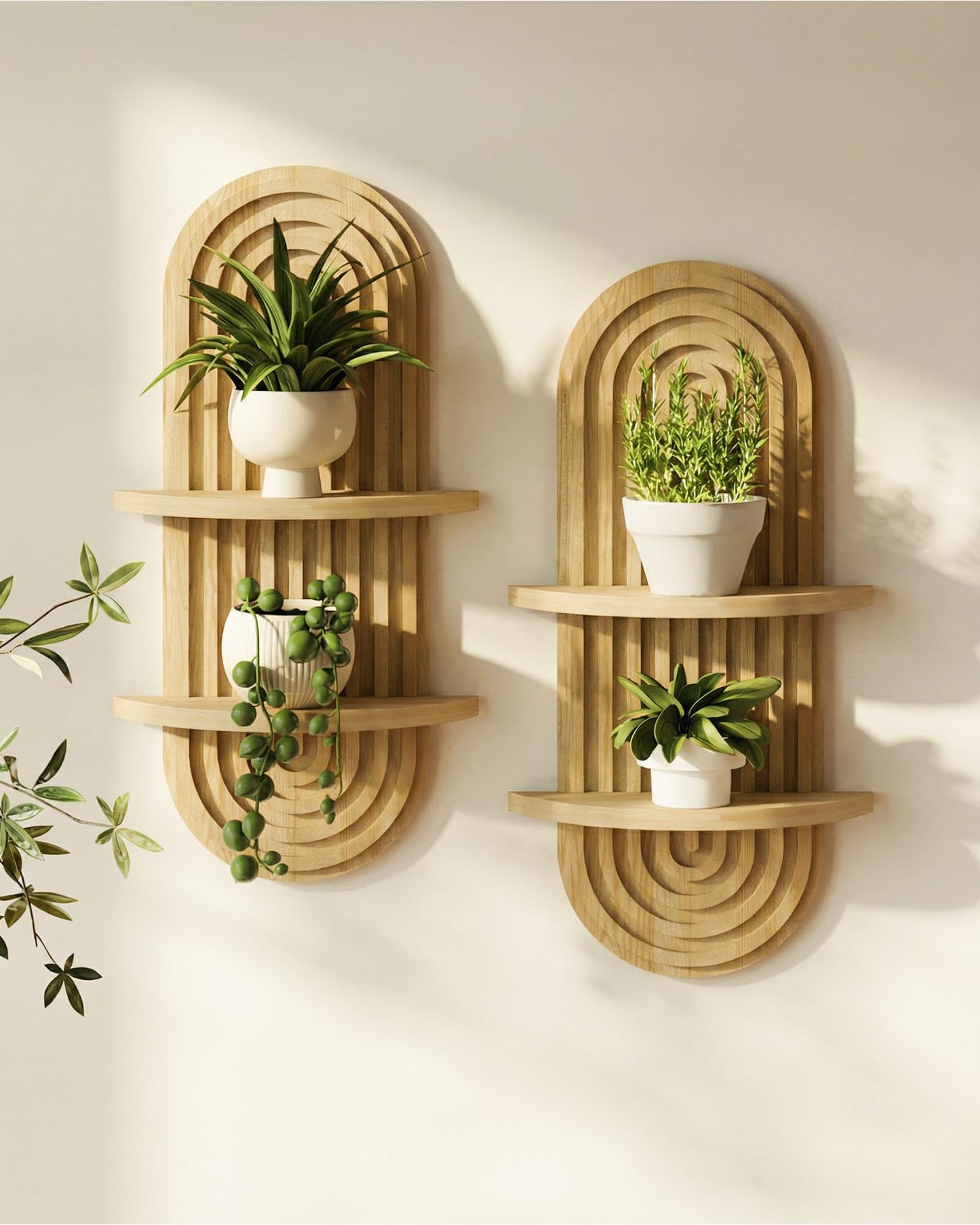 Bamworld Boho Wall Decor Brown Plant Wall Shelf, Mid Century Modern Decor Hanging Plant Shelf, 2-Tier Wooden Floating Shelves for Home, Bathroom Bedroom Living Room, Office Holding Planter Decoration