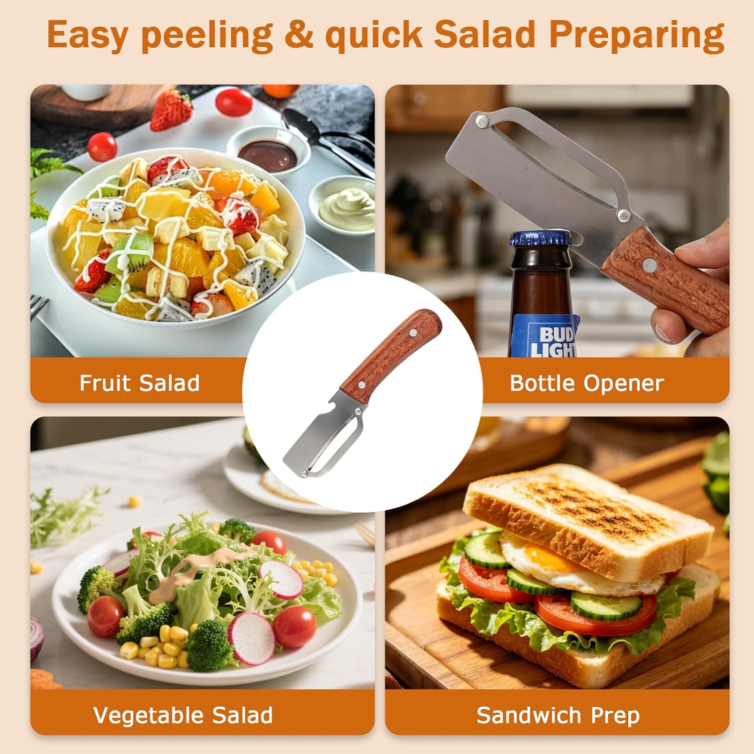 3 PCS Peeler with Wooden Handle, Bottle Opener, Vegetable Fruit Skin Peeling, Stainless Steel Blade Kitchen Tool