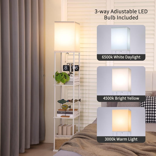 Gupuzm Floor Lamp with Shelves, 4 Layer Square Standing Lamp with 3 Color Temperature Bulb, Corner Display Bookshelf Lamp for Living Room, Bedroom and Office（White-2 Packs）
