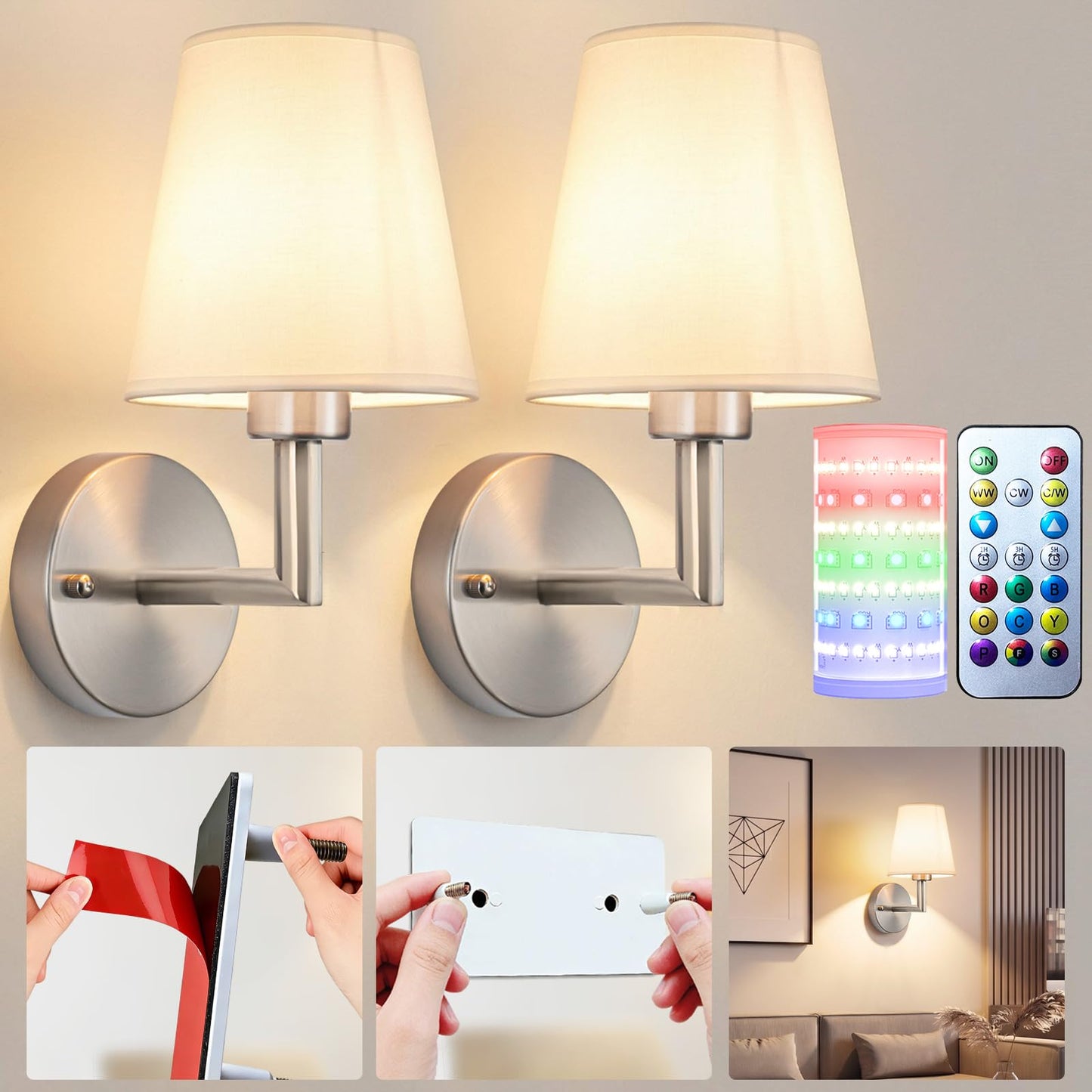 Nekhung Battery Operated Wall Sconces Set of Two, Wireless Battery Wall Light with 10000mAh RGB Dimmable Magnetic Bulb and Remote, Rechargeable Sconce Wall Decor for Bedroom Living Room Hallway