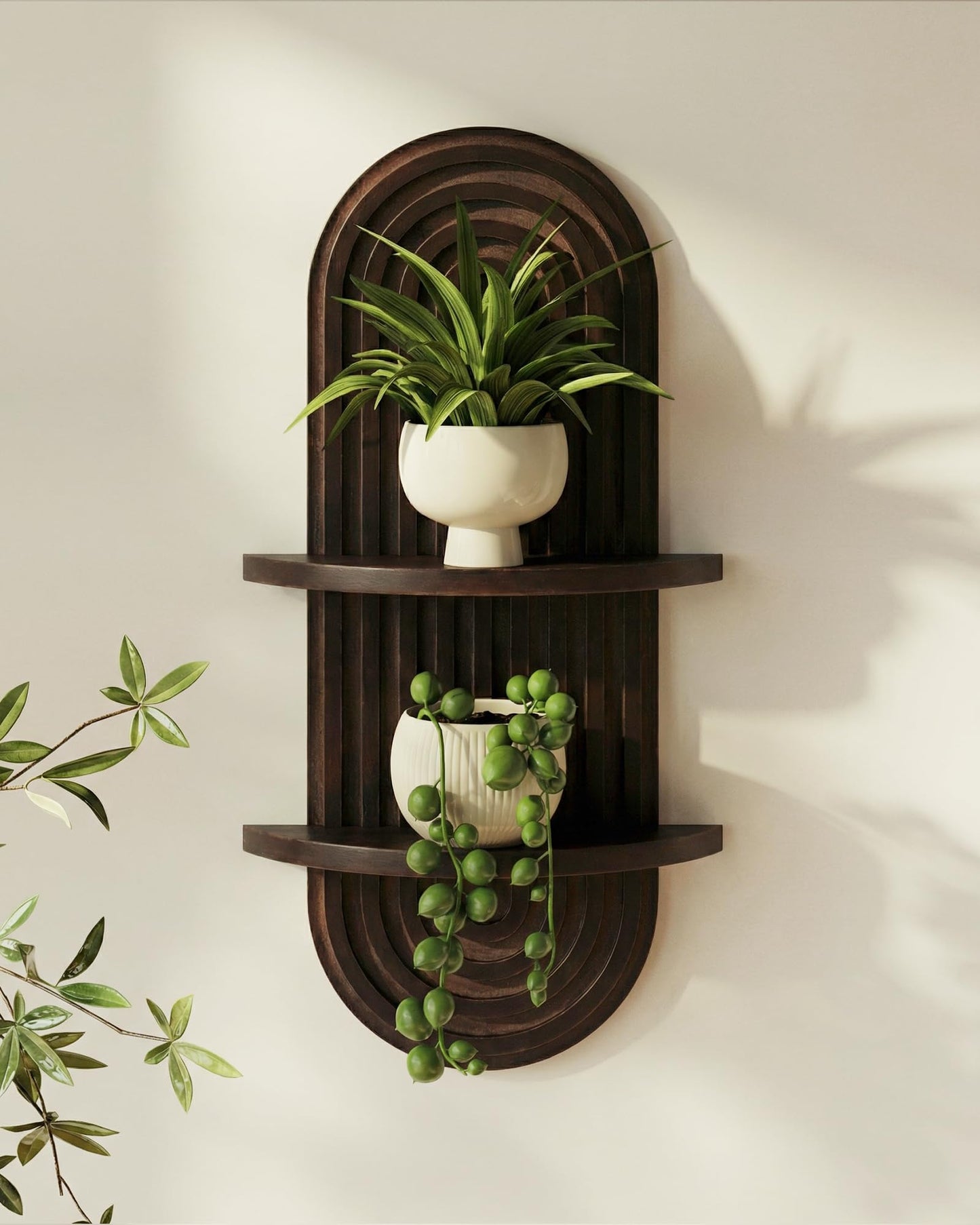 Bamworld Boho Wall Decor Brown Plant Wall Shelf, Mid Century Modern Decor Hanging Plant Shelf, 2-Tier Wooden Floating Shelves for Home, Bathroom Bedroom Living Room, Office Holding Planter Decoration
