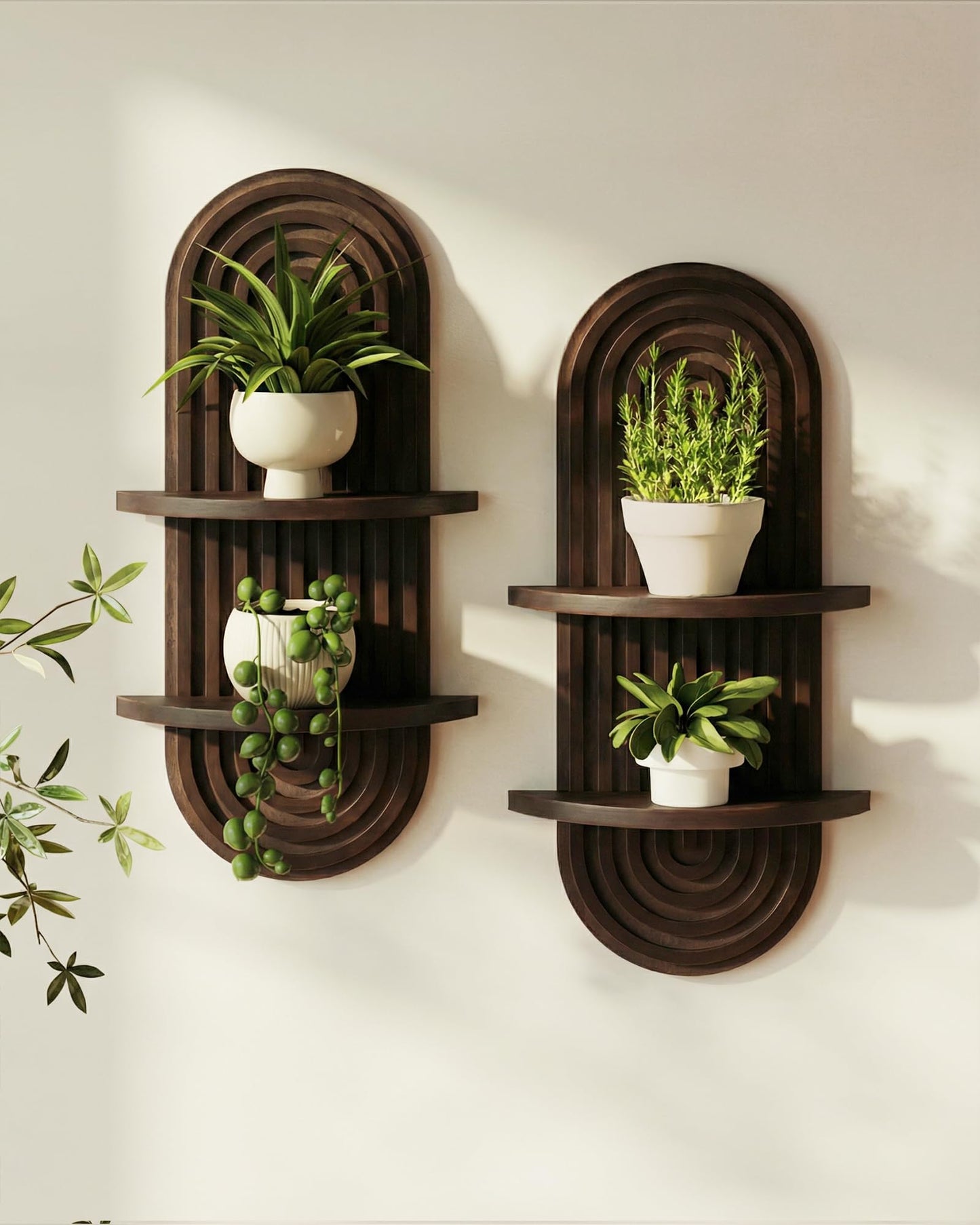Bamworld Boho Wall Decor Brown Plant Wall Shelf, Mid Century Modern Decor Hanging Plant Shelf, 2-Tier Wooden Floating Shelves for Home, Bathroom Bedroom Living Room, Office Holding Planter Decoration