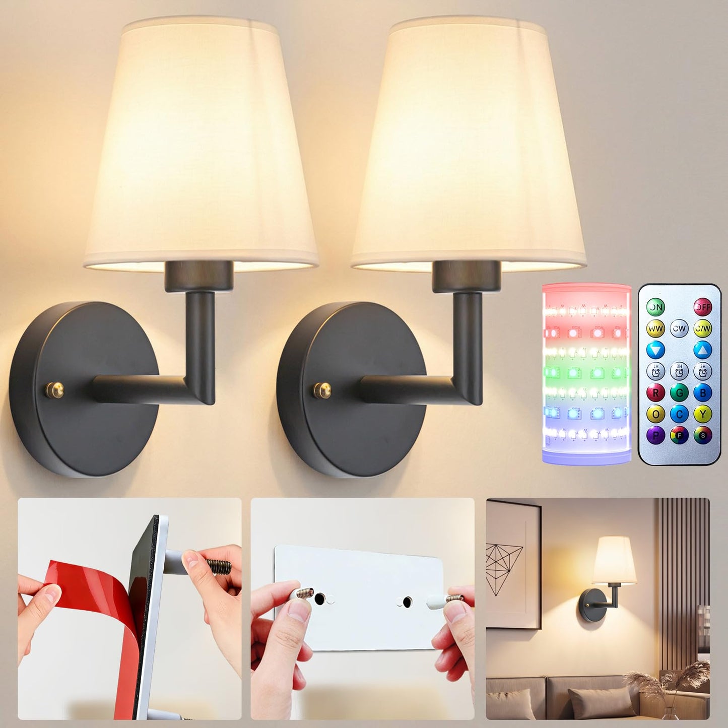 Nekhung Battery Operated Wall Sconces Set of Two, Wireless Battery Wall Light with 10000mAh RGB Dimmable Magnetic Bulb and Remote, Rechargeable Sconce Wall Decor for Bedroom Living Room Hallway