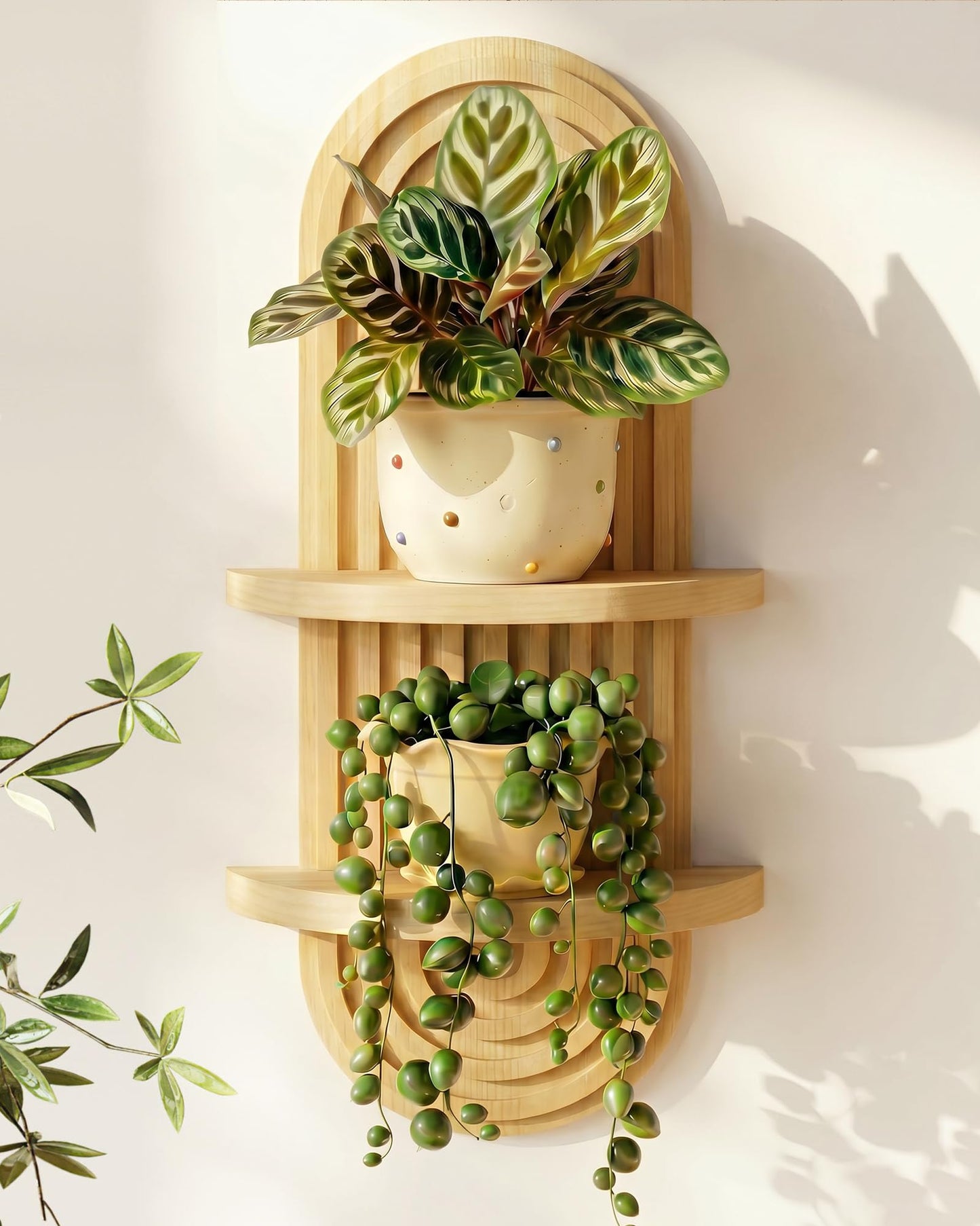 Bamworld Boho Wall Decor Brown Plant Wall Shelf, Mid Century Modern Decor Hanging Plant Shelf, 2-Tier Wooden Floating Shelves for Home, Bathroom Bedroom Living Room, Office Holding Planter Decoration