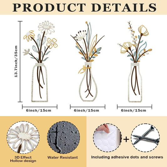 Pigort 3 Pieces Metal Flowers Wall Art- Rustic Farmhouse Decor Minimalist Decor for Living Room Bathroom Bedroom Dining Room, Housewarming Gifts Christmas Decoration(Beige, Vase-C)